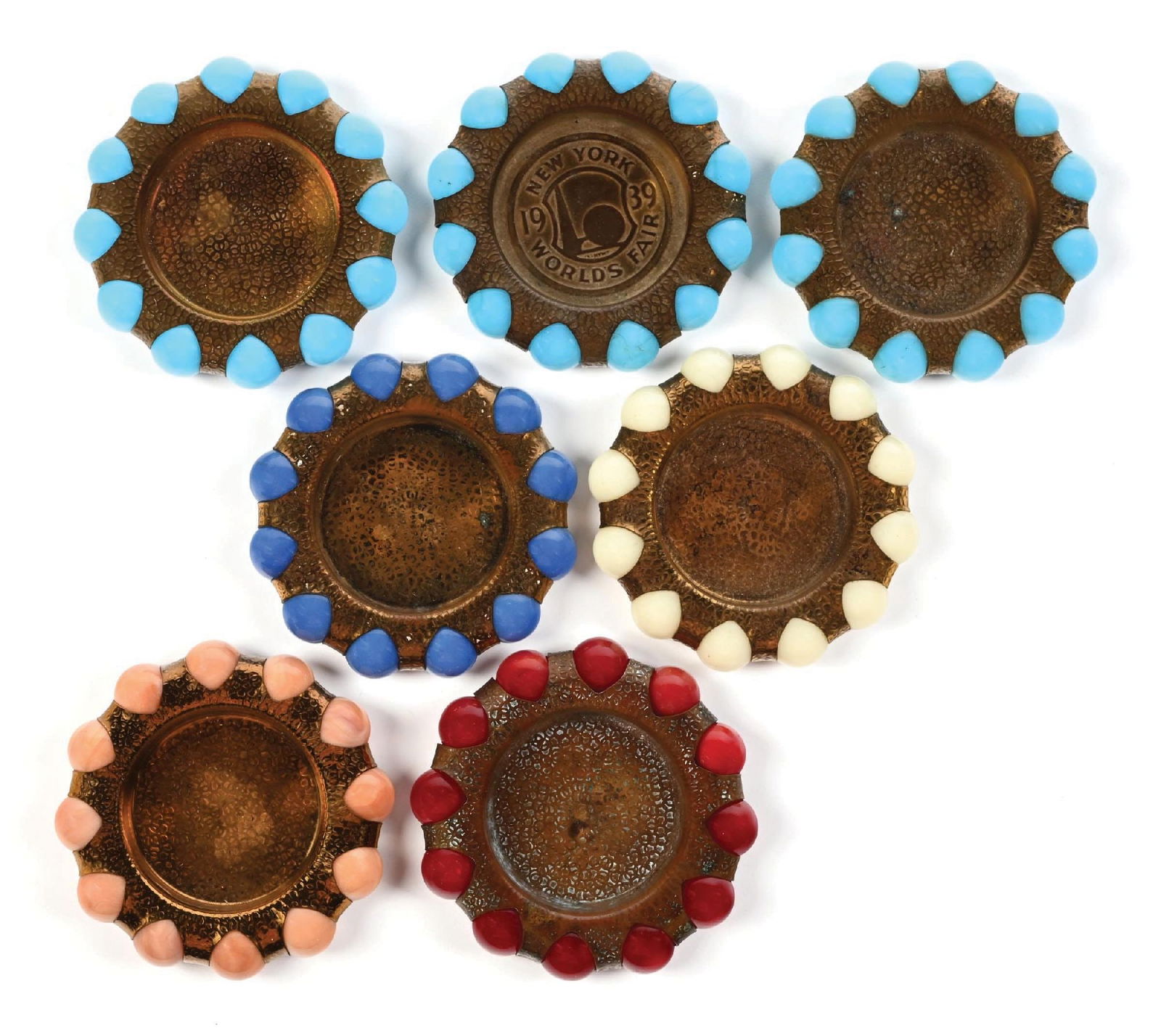 LOT OF 7: FISHER MASTER JEWELRY TRAYS: Three trays with baby blue marbles, one with blue marbles, one with custard marbles, one with red marbles, and one with tan marbles. Condition: (Very Good - Excellent). Dimensions: Each: 3 - 1/4" Dia.