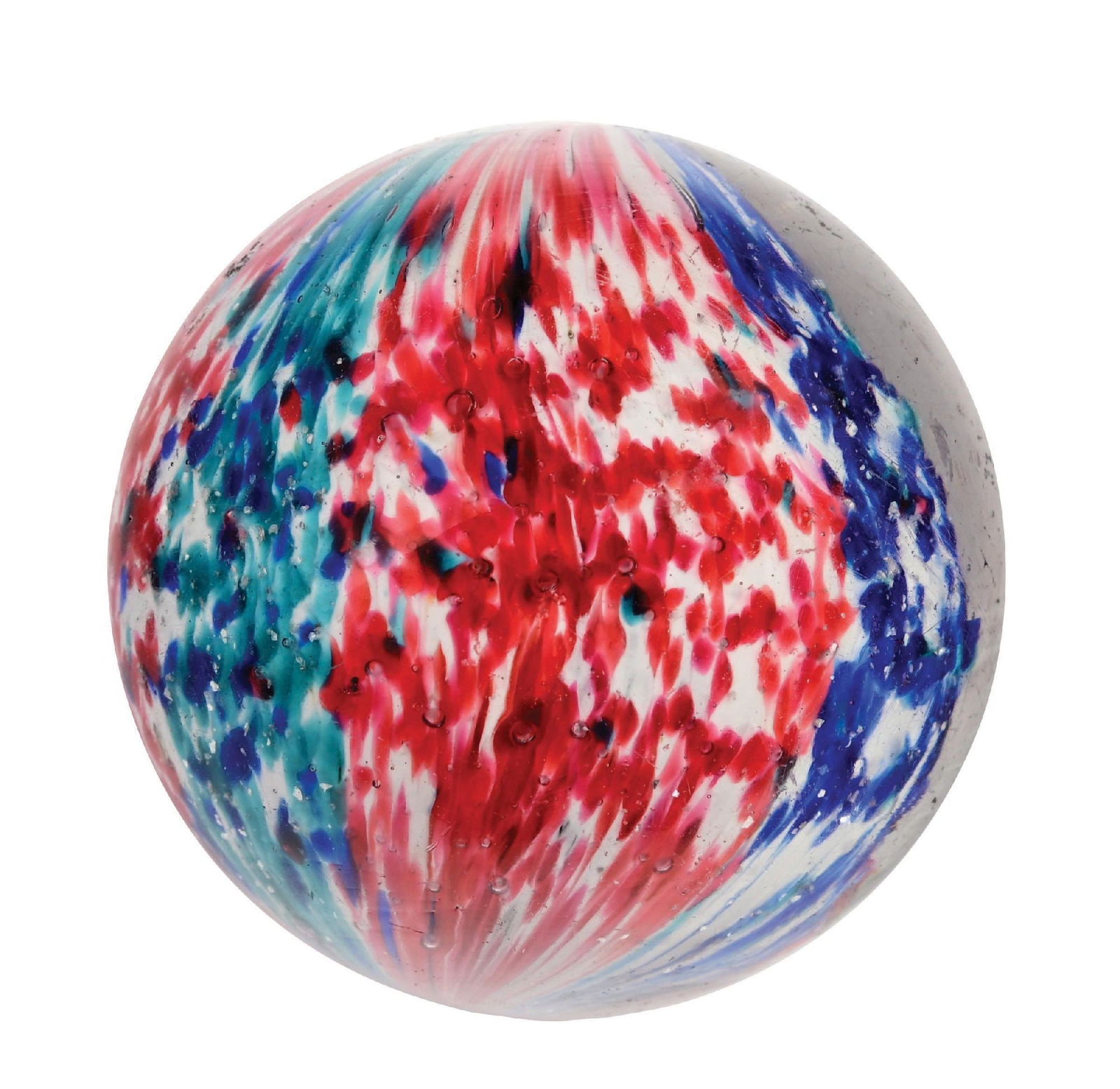 LARGE 4-PANELED ONIONSKIN W/ MICA: 2-5/32" diam. Beautiful four-paneled onionskin with two opposing panels of white, aqua, and blue, and two opposing panels of pinkish-red and white. Marble has a nice distribution of mica chips. Well-f