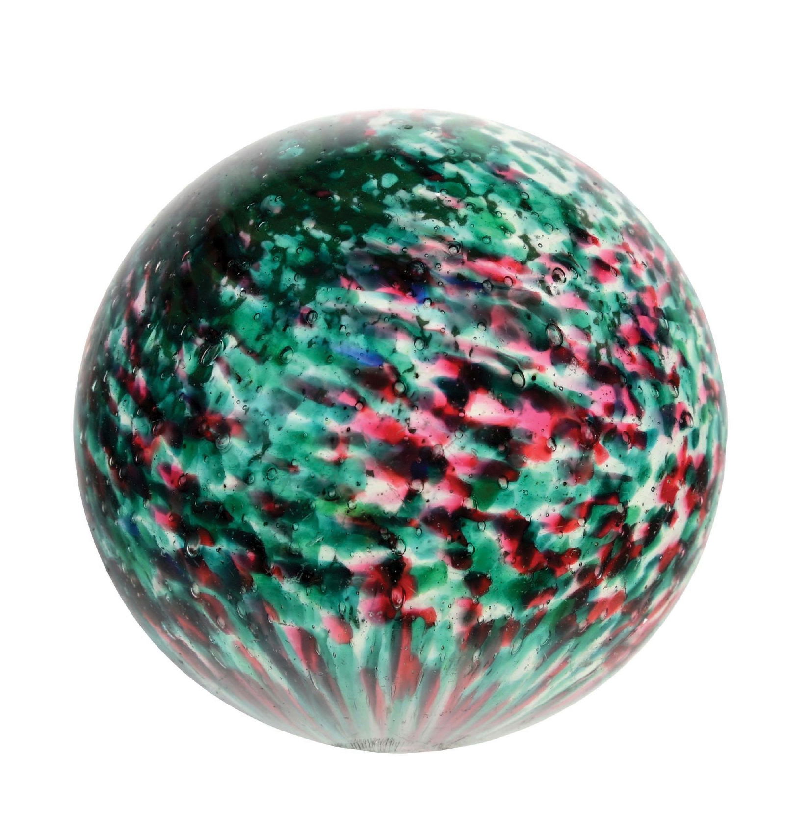 LARGE SINGLE-PONTIL END OF DAY MARBLE: 2-11/32" diam. Single pontil white base with great spotting of green and red, with some blue and yellow. Hard to find in this size and condition, with well-faceted pontil. Condition: (9.8). Dimensions