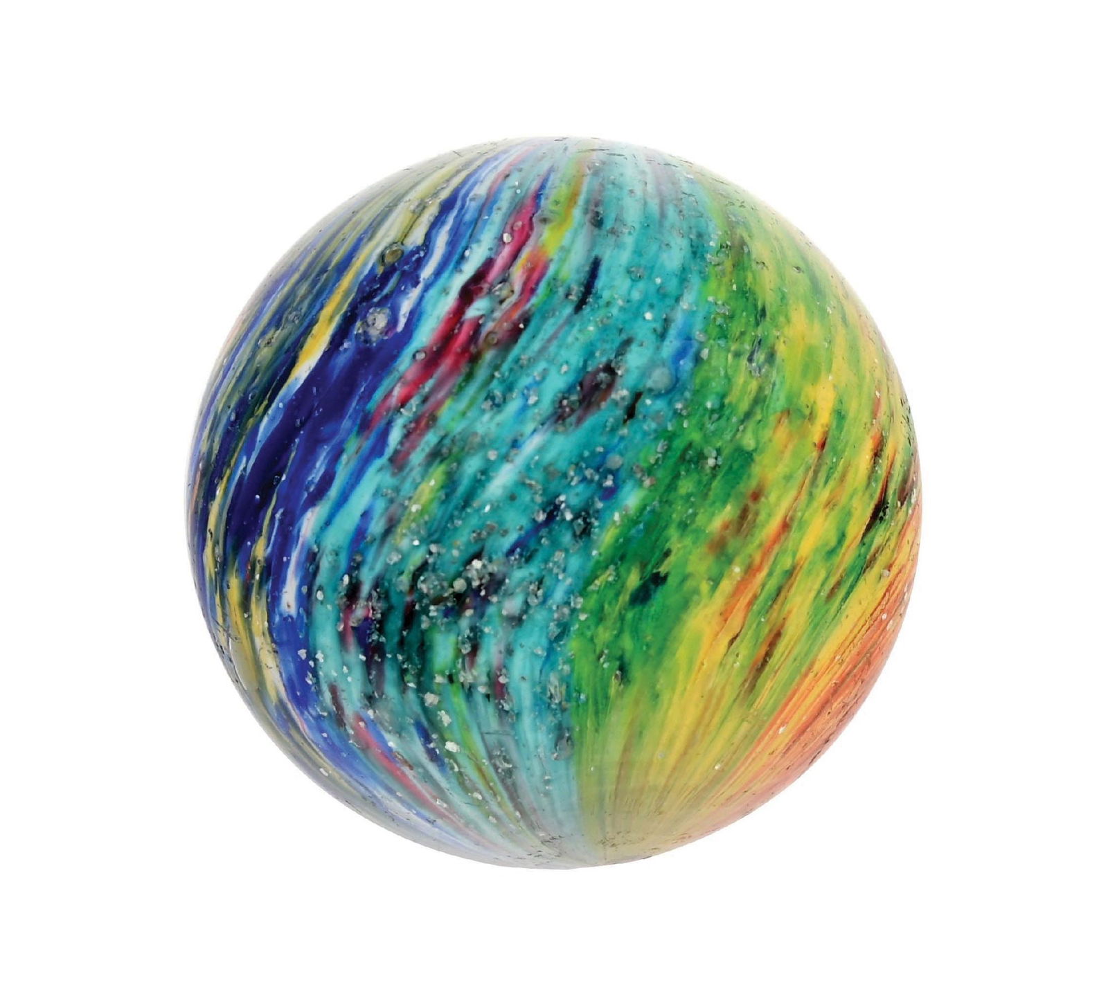 OUTSTANDING 4-PANELED ONIONSKIN W/ MICA: 1-37/64" diam. Outstanding onionskin loaded with mica. This marble has one panel of orange and yellow; one panel of green and yellow; one panel of turquoise, red, white, and yellow; and one panel of y