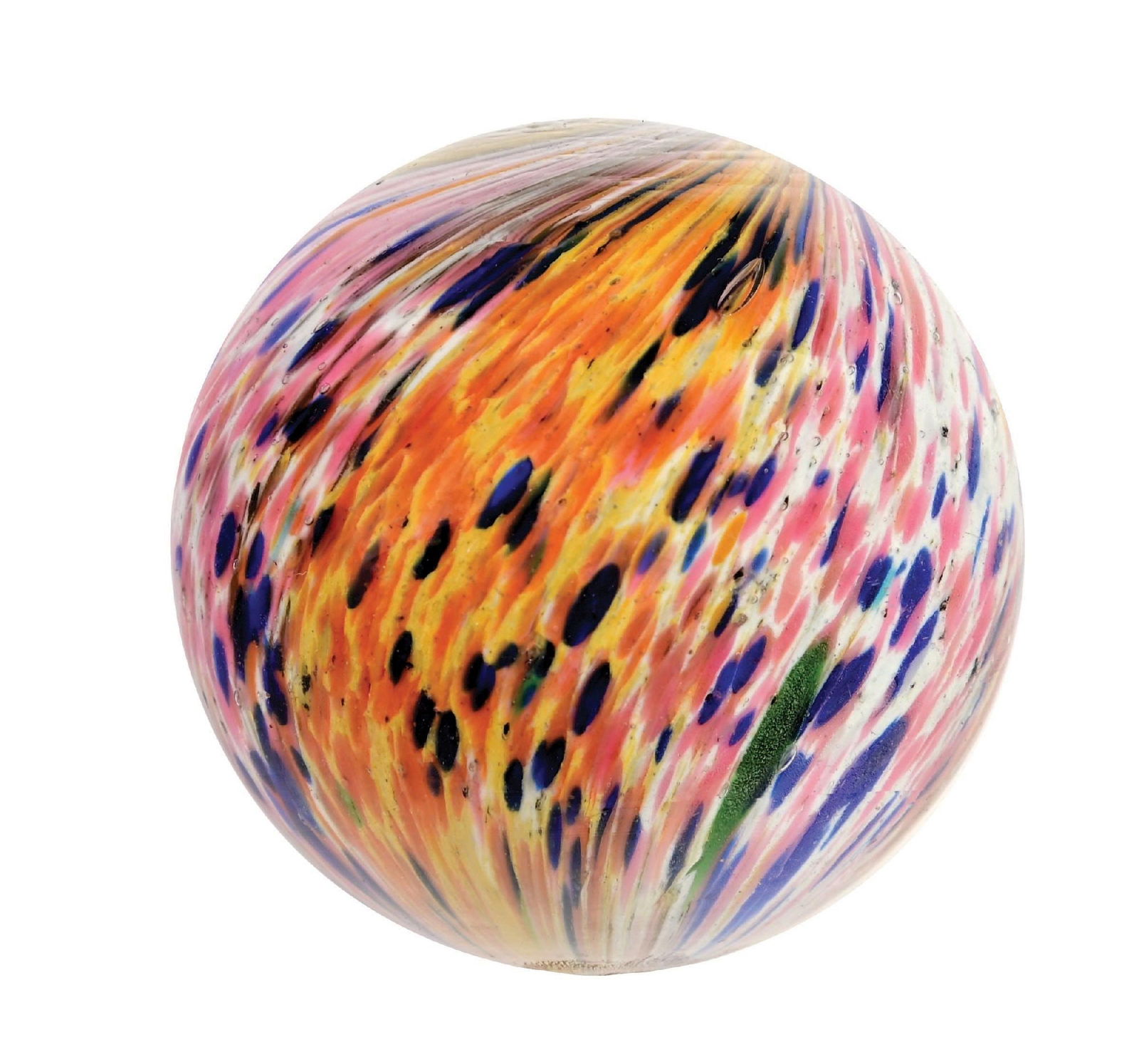 LARGE 4-PANEL ONIONSKIN MARBLE: 1-61/64" diam. Two opposing panels of white, pink, blue, and some green, and two opposing panels of yellow, white, and blue, with some green. Marble shows one small reflection, but no chips. Condition