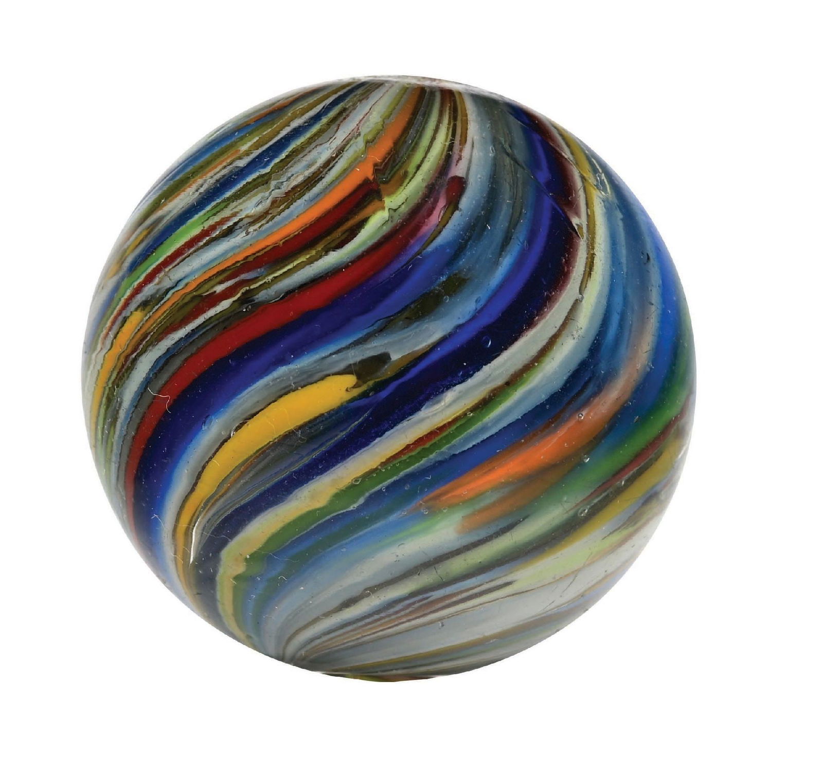 LARGE JOSEPH'S COAT SWIRL MARBLE: 1-7/16" diam. Beautiful Joseph's Coat in green, orange, white, blue, yellow, and red. Great condition for large Joseph's Coat. Condition: (9.6). Dimensions: 1 - 3/8" Dia.