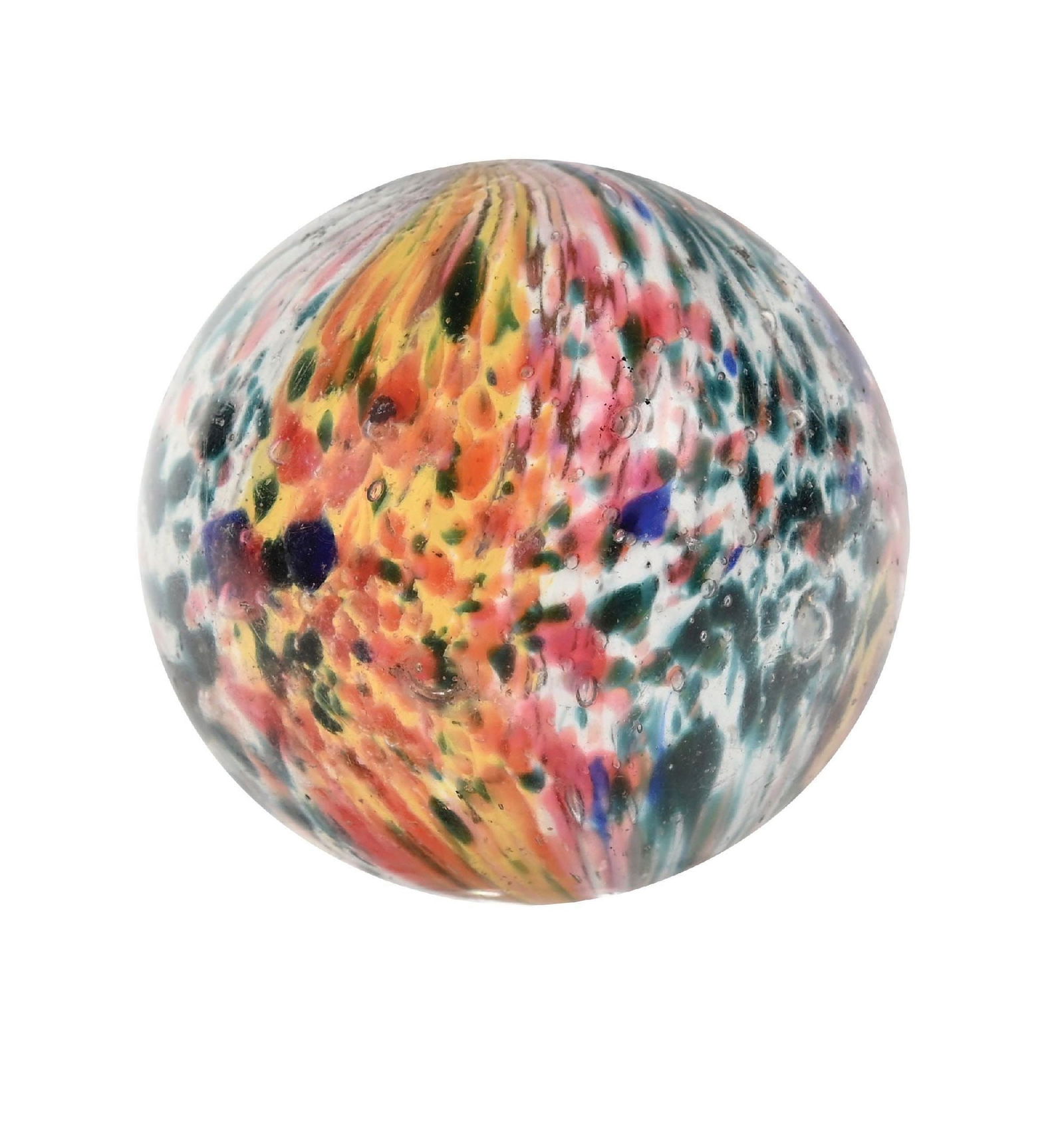 LARGE 4-PANEL ONIONSKIN MARBLE: 1-23/32" diam. Two opposing panels of yellow, red, some blue, and green, and two opposing panels of white and green, with some red. Nice early faceted pontil. Surface shows one small chip. Condition: