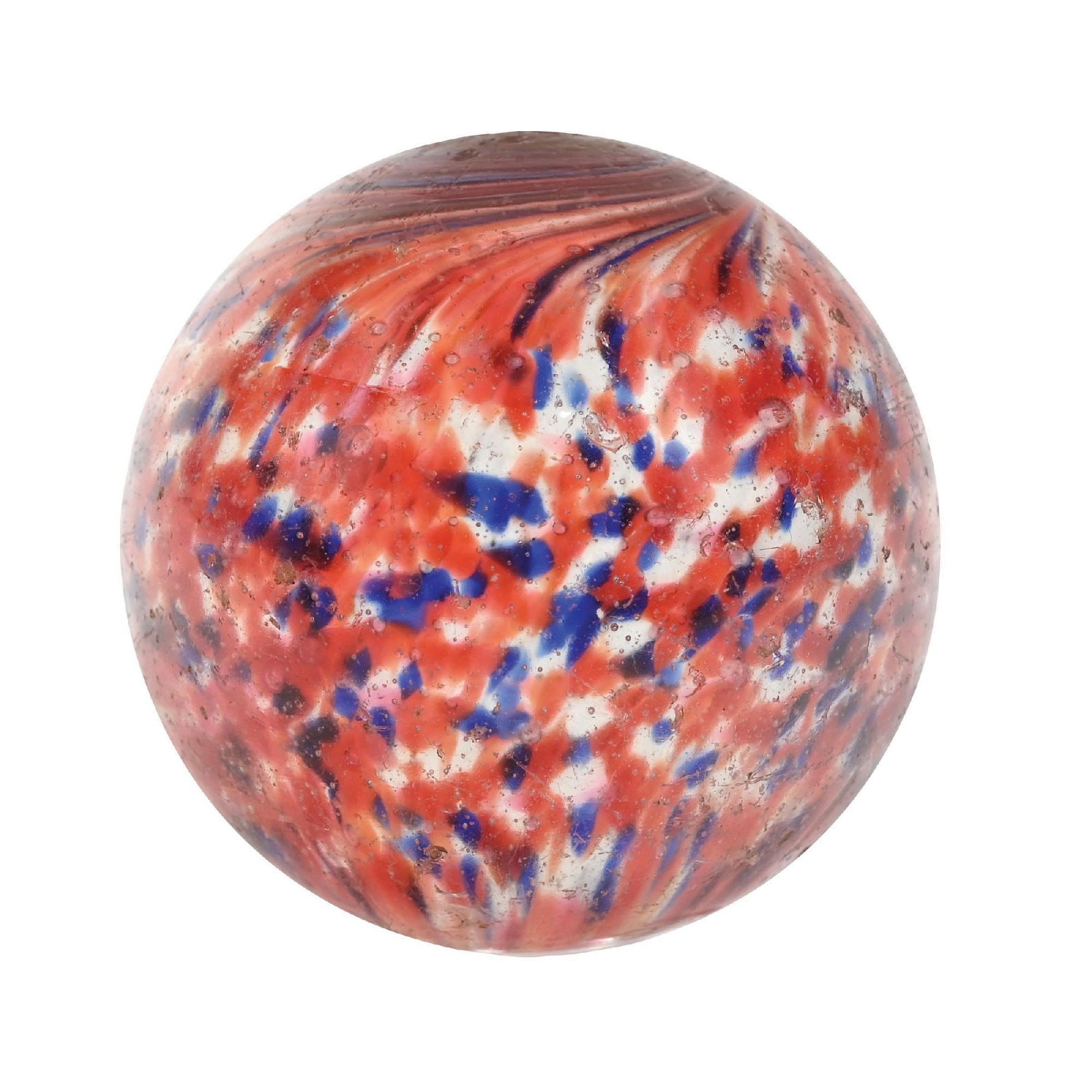 LARGE ONIONSKIN MARBLE: 2-5/32" diam. White base onion with nice spotting colors of red and blue. This marble does have some mica. Early faceted pontil. Surface shows pocket wear and a few smaller chips. Condition: (8.8). Di