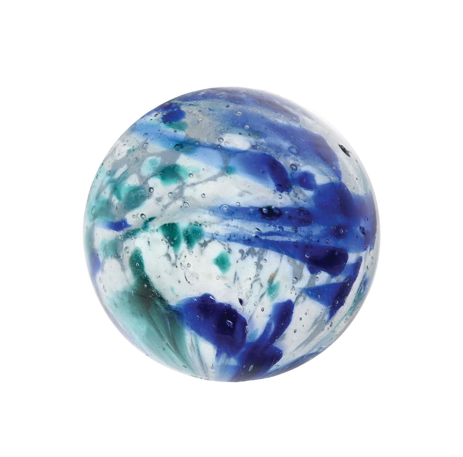 SINGLE PONTIL END OF DAY MARBLE: 1-3/32" diam. White base with spotting colors of turquoise and blue. Early faceted pontil. Surface shows micro-fleabite. Condition: (9.0). Dimensions: 1" Dia.