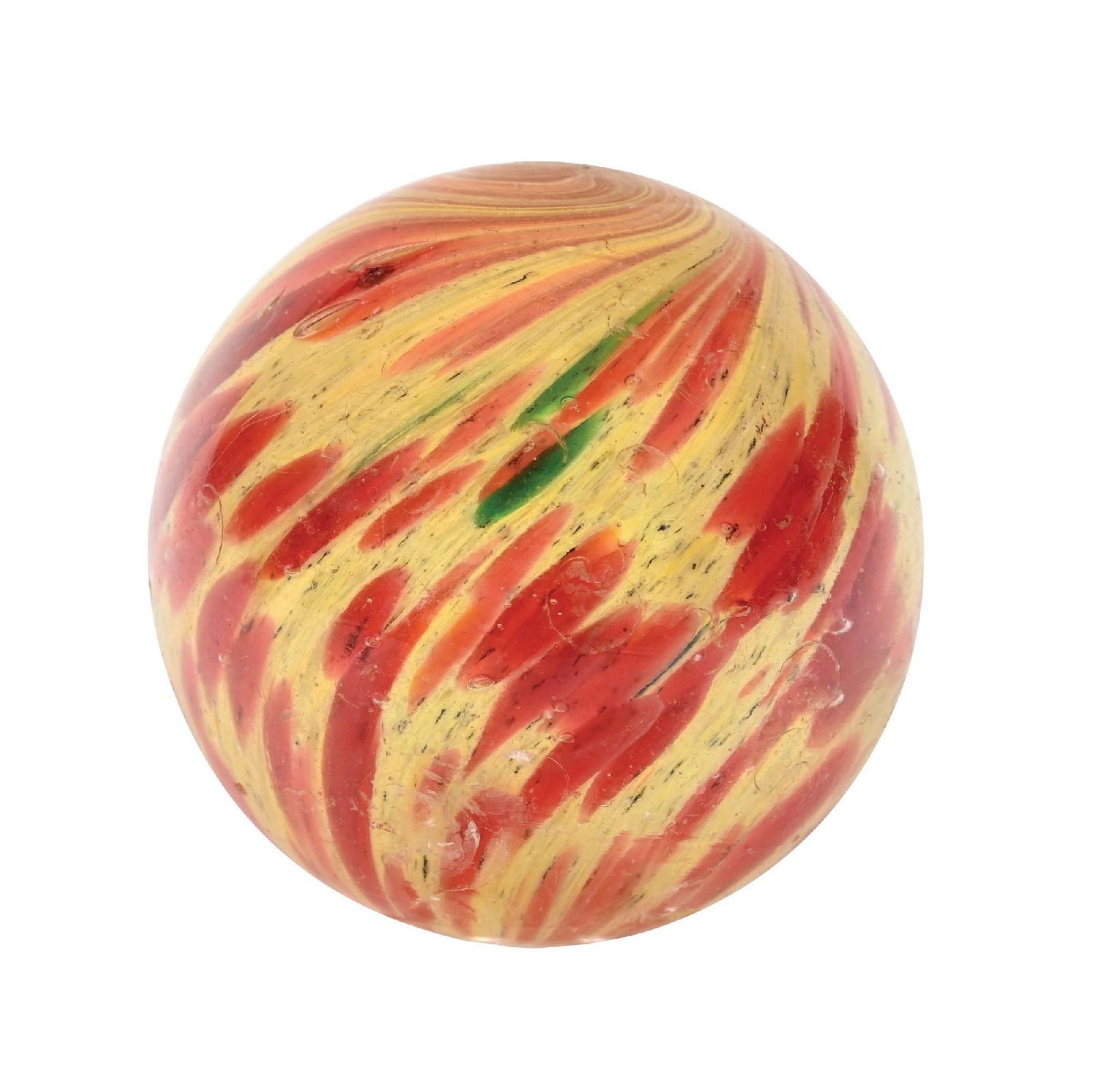 LARGE ONIONSKIN MARBLE: 2-3/32" diam. Yellow base with spotting colors of red and some green. Surface shows several reflections and small chips. Condition: (8.7). Dimensions: 2" Dia.