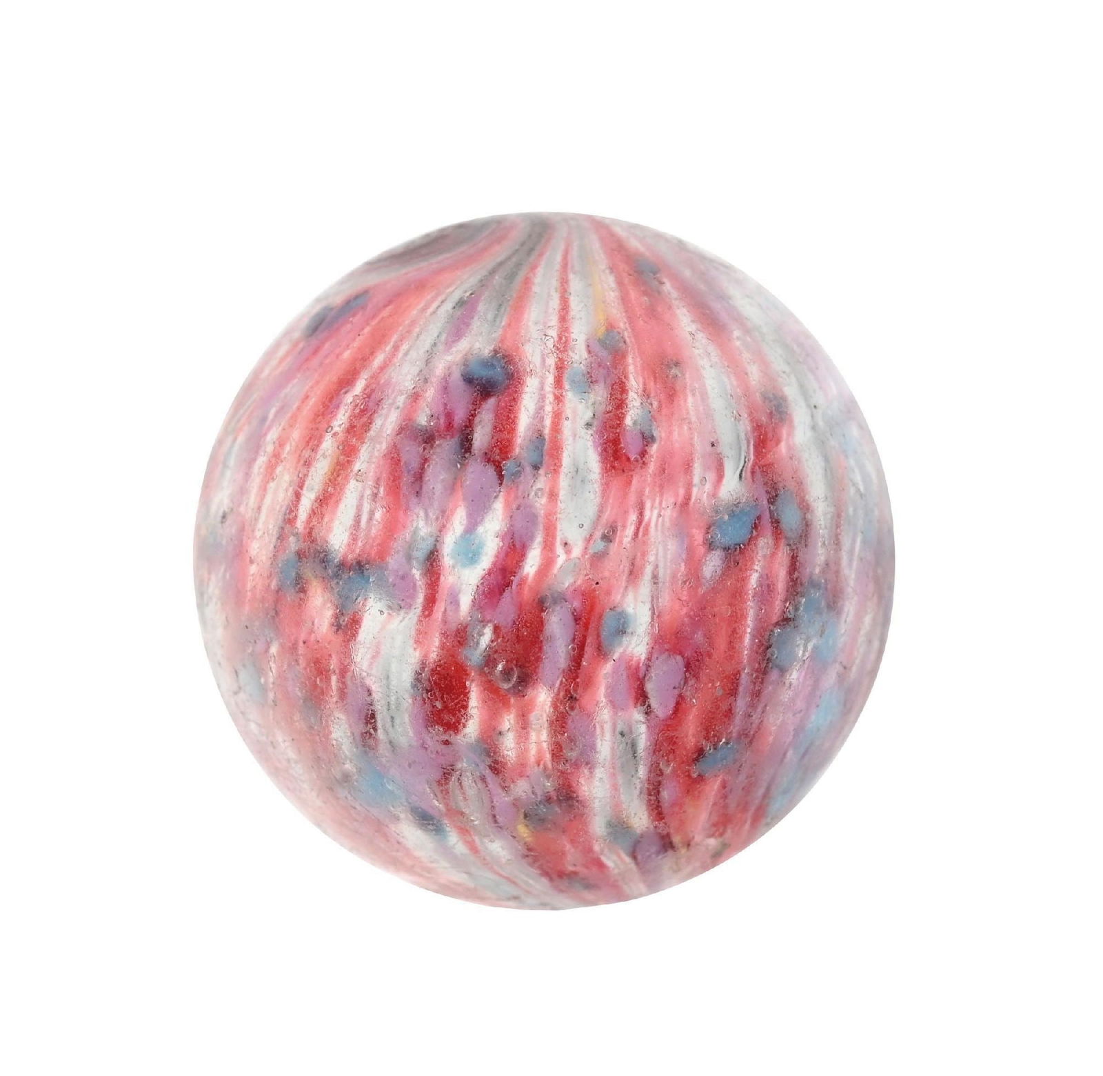 SPOTTY ONIONSKIN MARBLE: 1-7/32" diam. White base onionskin with nice spotting colors of pink, turquoise, and red. Early faceted pontil. Surface shows one small circular chip near faceted pontil. Condition: (8.9). Dimensions: