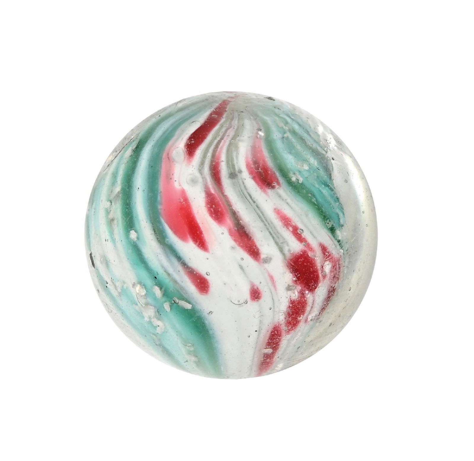 4-PANEL ONIONSKIN W/ MICA: 27/32" diam. Two opposing panels of turquoise and white and two opposing panels of white and red with heavy mica. Early faceted pontil. Marble shows subsurface fracture. The skin of the marble is