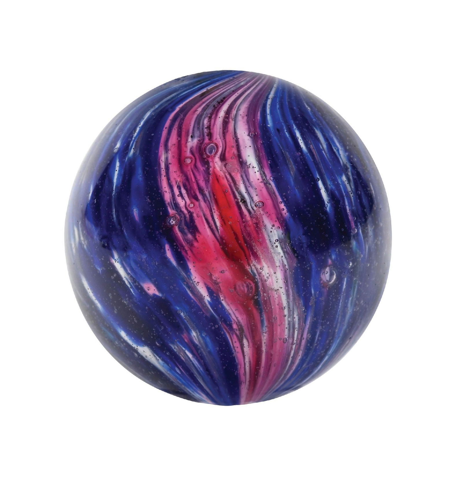 4 PANEL ONIONSKIN MARBLE: 1-7/8" diam. Four panel onion with two opposing panels of pink and white and two of blue and white. This marble has been polished, with minor damage showing. Condition: (Polished). Dimensions: