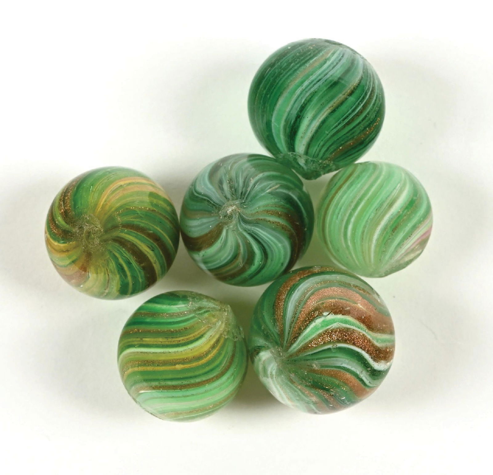 LOT OF 6: GREEN ONIONSKIN LUTZ MARBLES (1 of 1)