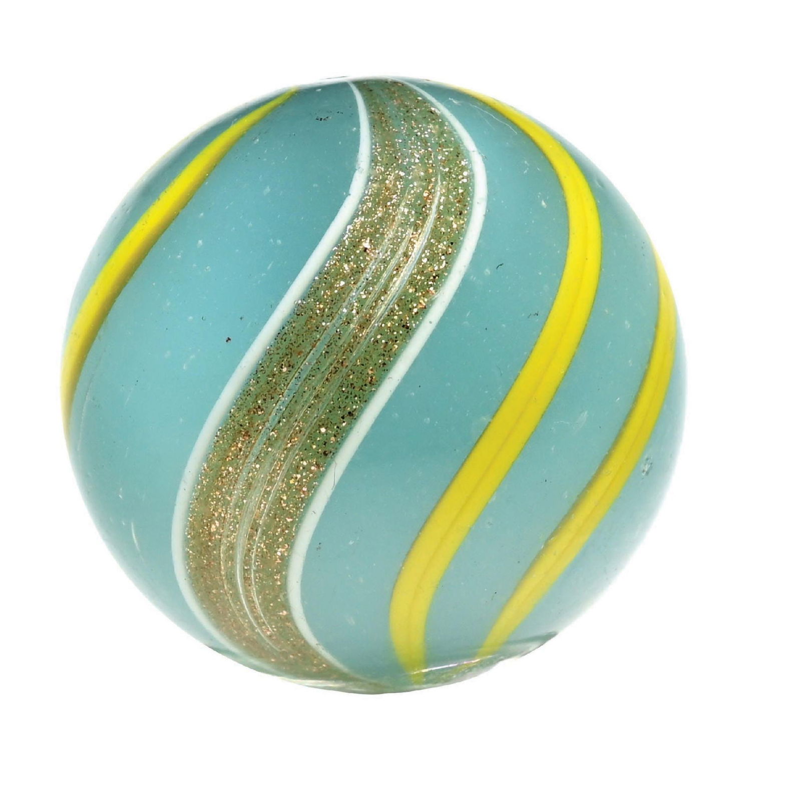 SEAFOAM GREEN BANDED LUTZ MARBLE: 1-1/64" diam. Transparent seafoam green base with yellow bands with strong lutz banding. Very rare to find in this size and condition. Condition: (9.8). Dimensions: 1" Dia.