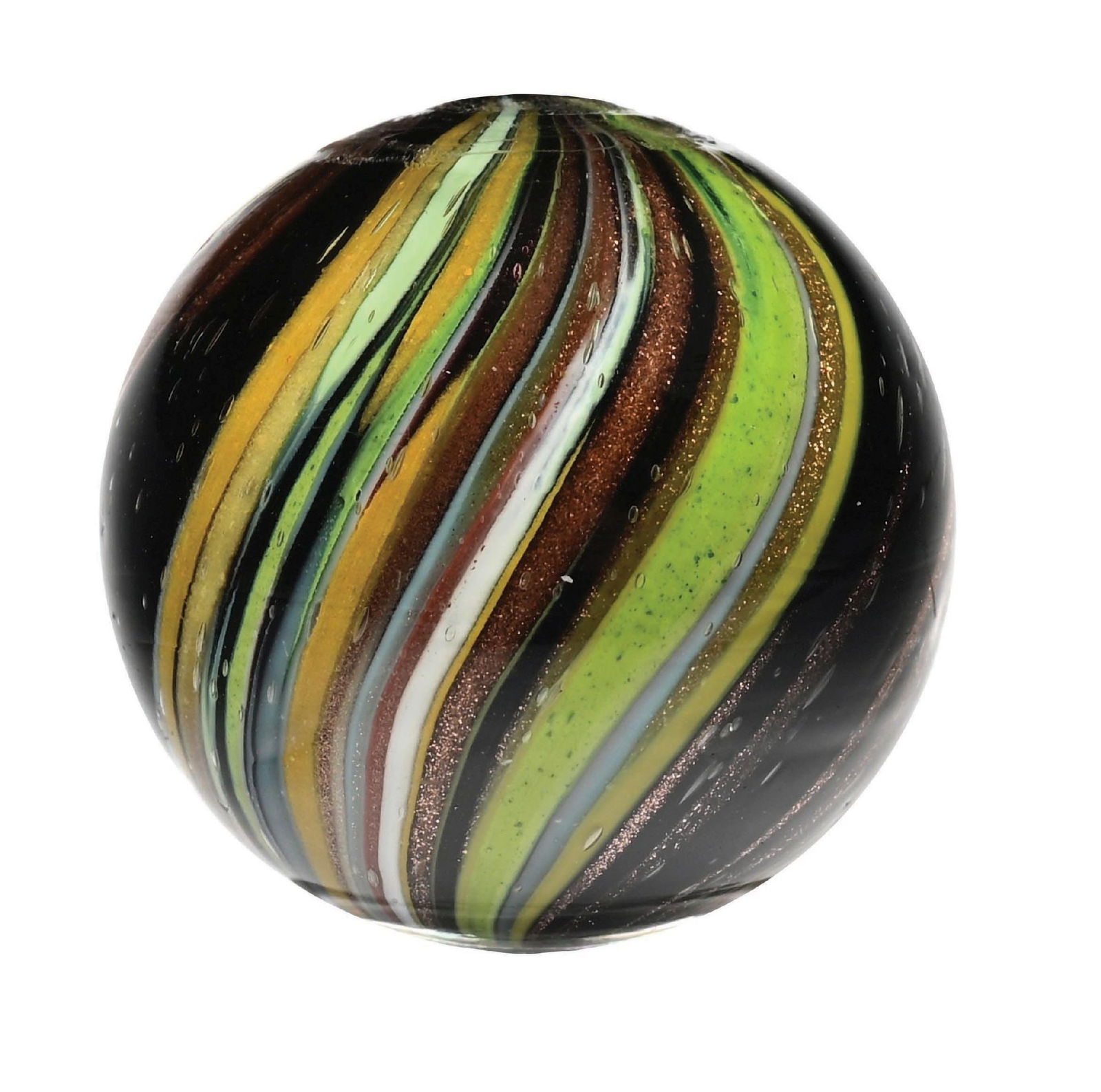 RARE LARGE INDIAN LUTZ MARBLE: 1-1/32" diam. Yellow and orange wide bands oppose green, yellow, blue, and white bands, with heavy lutz in the black and the bands. Very hard to find in this size and condition. Condition: (9.7).
