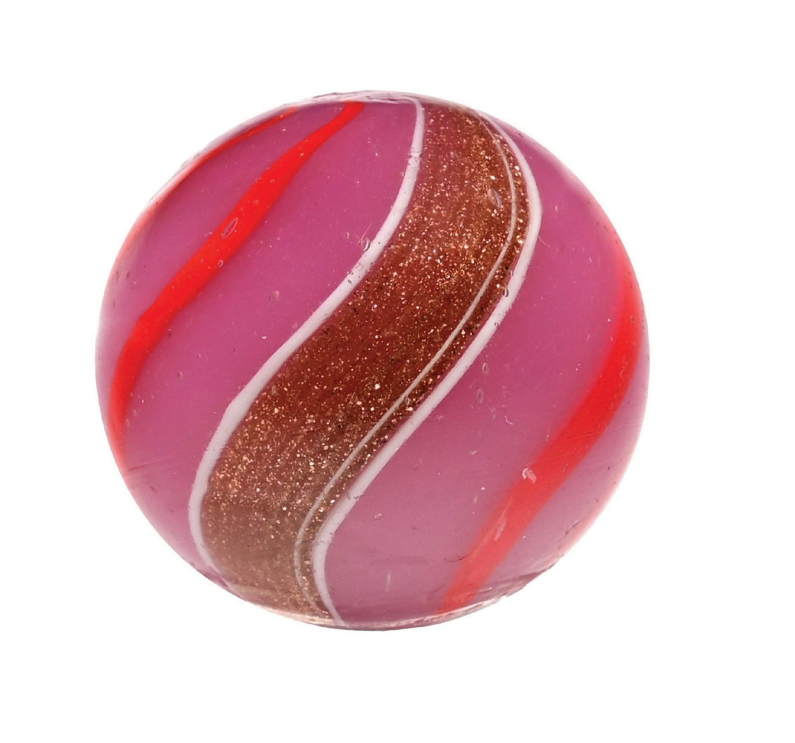 RARE PINK BASE BANDED LUTZ: 7/8" diam. Rare pink opaque Lutz with red bands. Very hard to find in this color combination and condition. Condition: (9.7). Dimensions: 7/8" Dia.