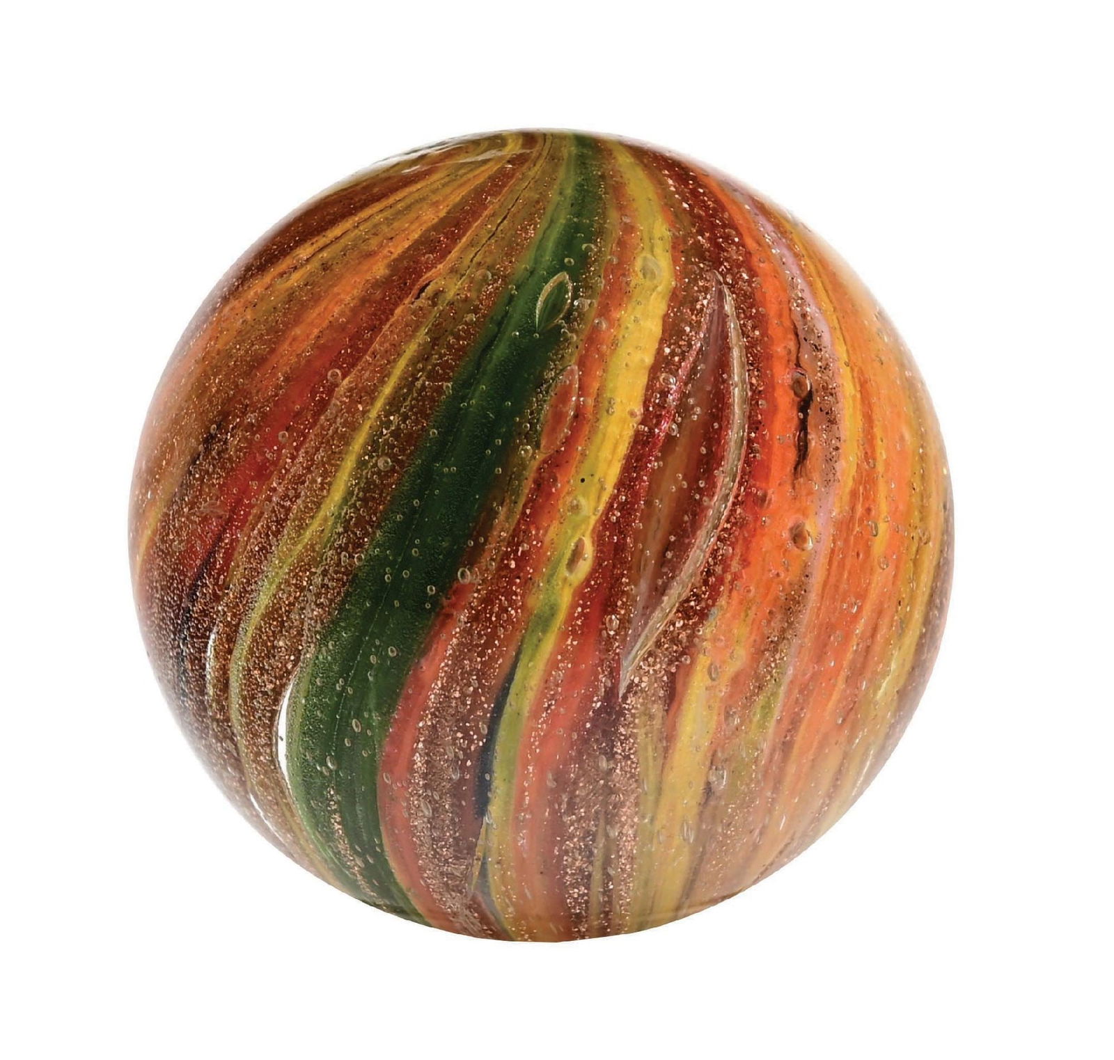 LARGE ONIONSKIN LUTZ MARBLE: 1-1/8" diam. Yellow base color with striping colors of green, pink, and red, loaded with lutz. Hard to find in this size and condition. Condition: (9.8). Dimensions: 1 - 1/8" Dia.