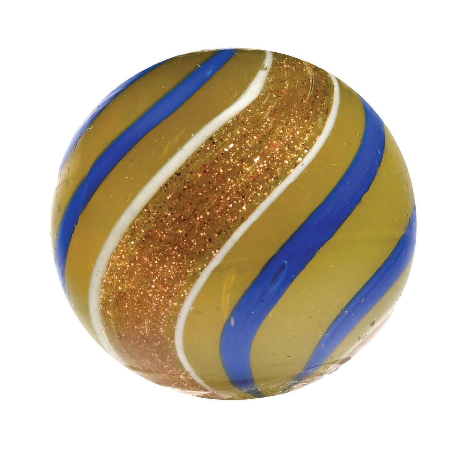 BUTTERSCOTCH BANDED LUTZ MARBLE: 7/8" diam. Semi-opaque butterscotch base with dark blue bands. Very hard color combination to find. Nice, wide lutz banding. Condition: (9.7). Dimensions: 7/8" Dia.