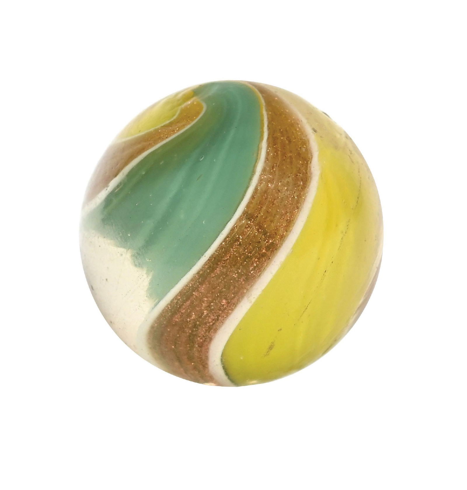 LARGE RIBBON CORE LUTZ MARBLE: 1-3/16" diam. One side of ribbon is yellow and the other side is green, with wide lutz banding. Surface shows one small as-made flat spot. Condition: (9.3). Dimensions: 1" Dia.