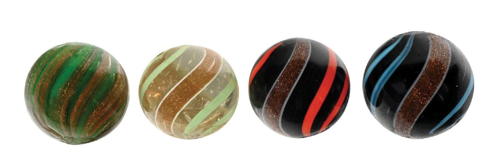 LOT OF 4: HANDMADE LUTZ MARBLES: 3/4" - 55/64" diam. (A) Clear base lutz with green bands. (B) Maglite purple base with orange bands. (C) Green glass lutz. (D) Black opaque base with baby blue bands. Condition: (9.2 - 9.5).