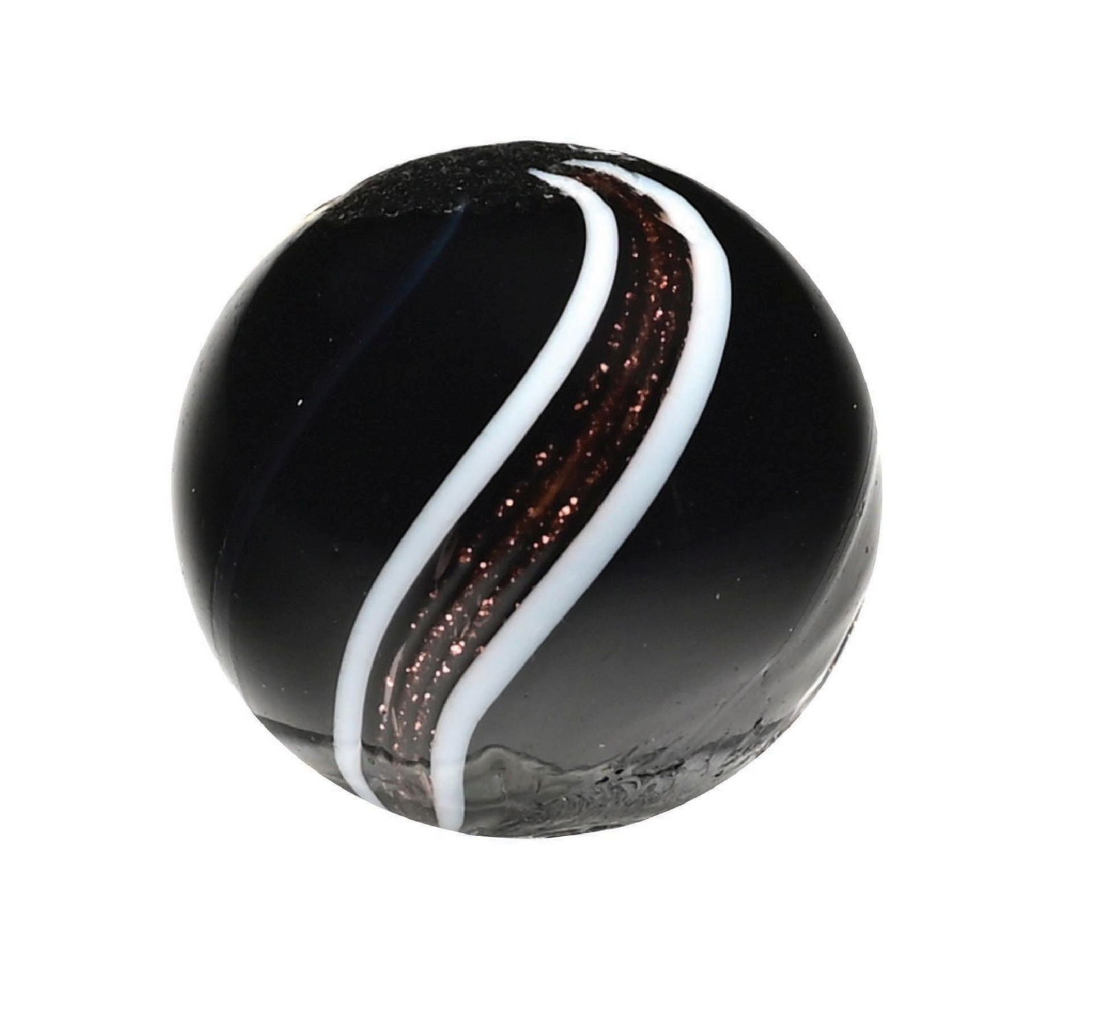 PRECISION BANDED INDIAN LUTZ: 9/16" diam. Black opaque base with one band of Lutz bordered in white, one band of Lutz bordered in blue, and one band of Lutz bordered in yellow. Condition: (9.5). Dimensions: 1/2" Dia.