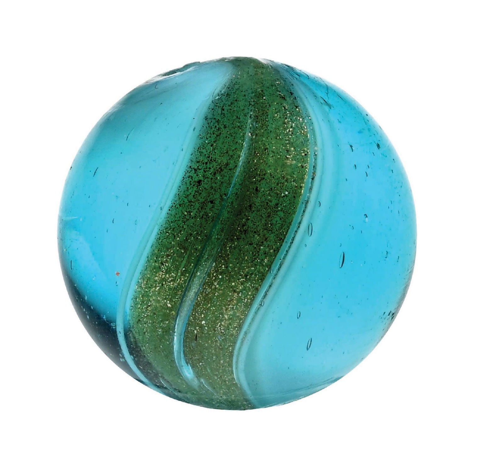 AQUA RIBBON LUTZ MARBLE: 57/64" diam. Aqua transparent base with white ribbons and wide Lutz banding. Condition: (9.8). Dimensions: 7/8" Dia.