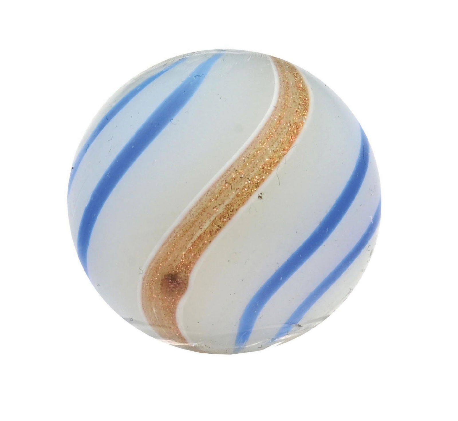 WHITE OPAQUE BANDED LUTZ MARBLE: 25/32" diam. White opaque Lutz with blue bands. Condition: (9.6). Dimensions: 3/4" Dia.
