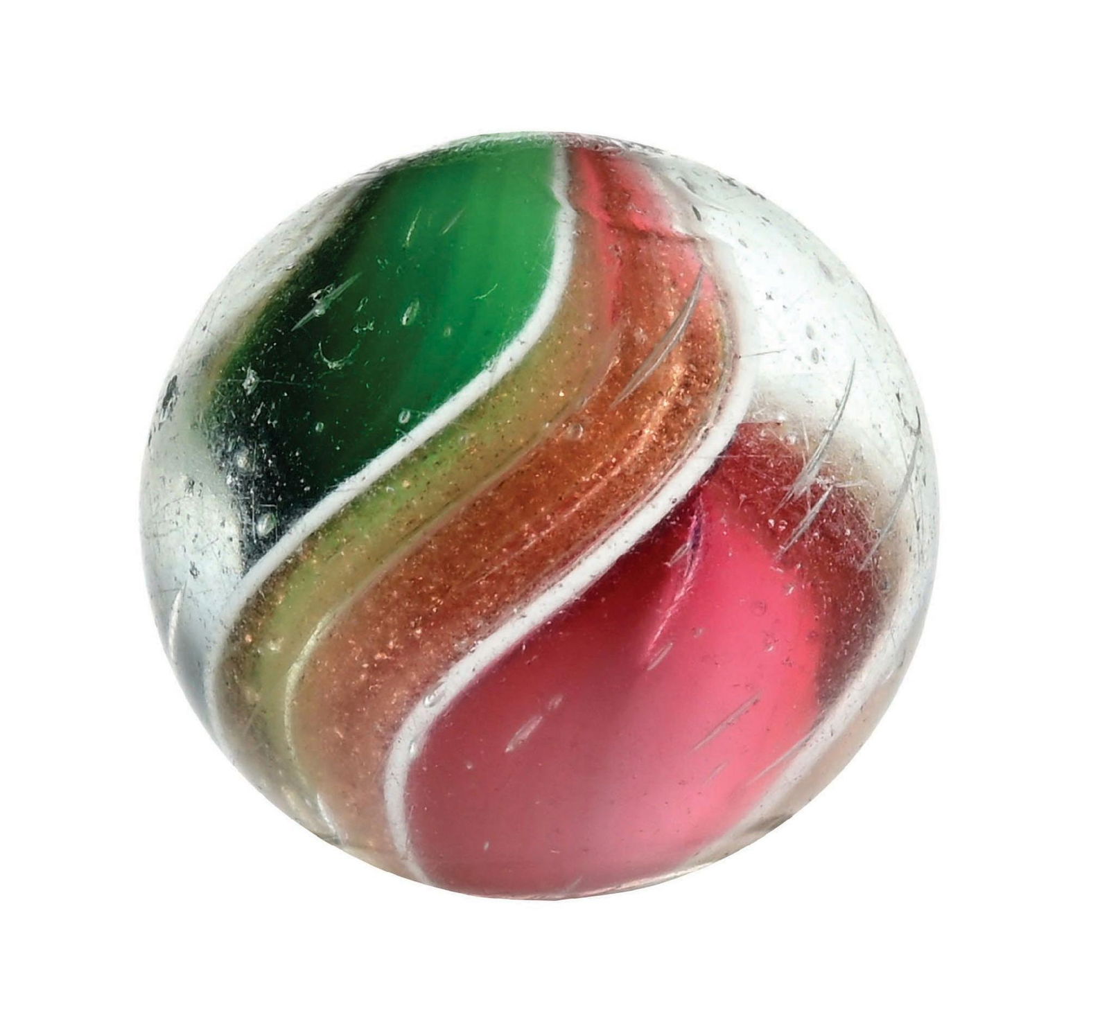 RIBBON LUTZ SWIRL MARBLE: 7/8" diam. One side ribbon is green, the other red. Condition: (9.6). Dimensions: 7/8" Dia.