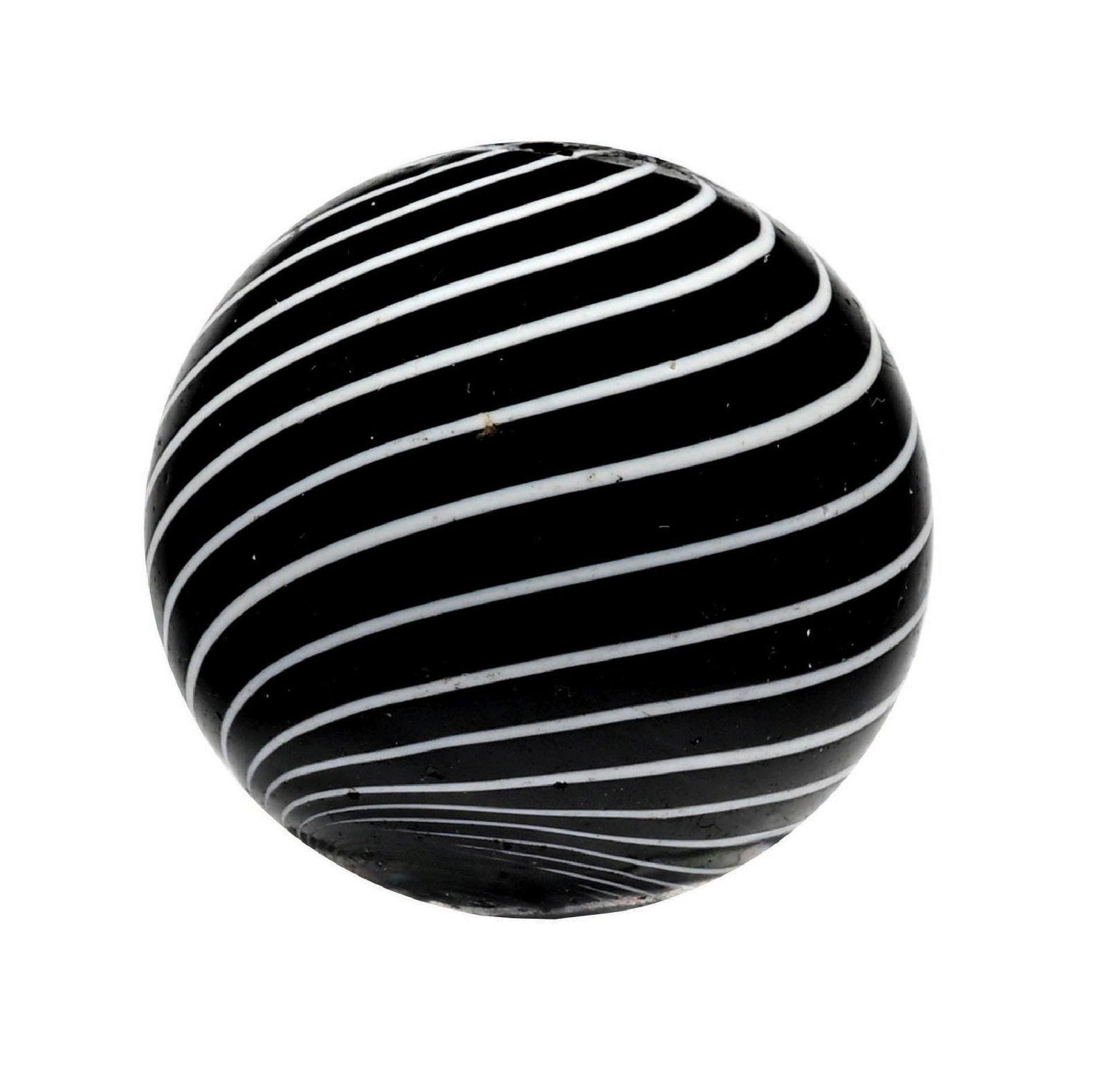 BLACK CLAMBROTH SWIRL MARBLE: 53/64" diam. All-black opaque base with white bands. Condition: (9.6). Dimensions: 7/8" Dia.
