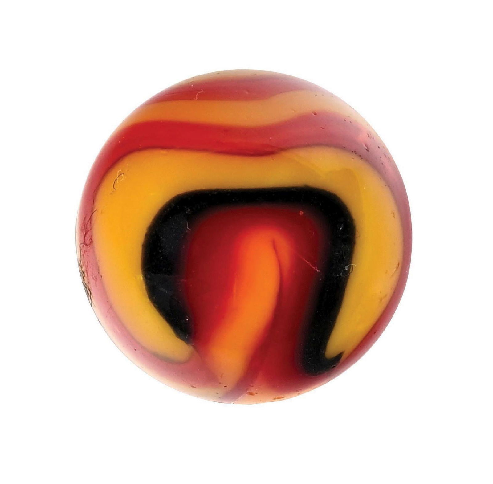 PELTIER GOLDEN REBEL MARBLE: 5/8" diam. Yellow base with black aventurine and red ribbons. Condition: (9.4). Dimensions: 1/2" Dia.