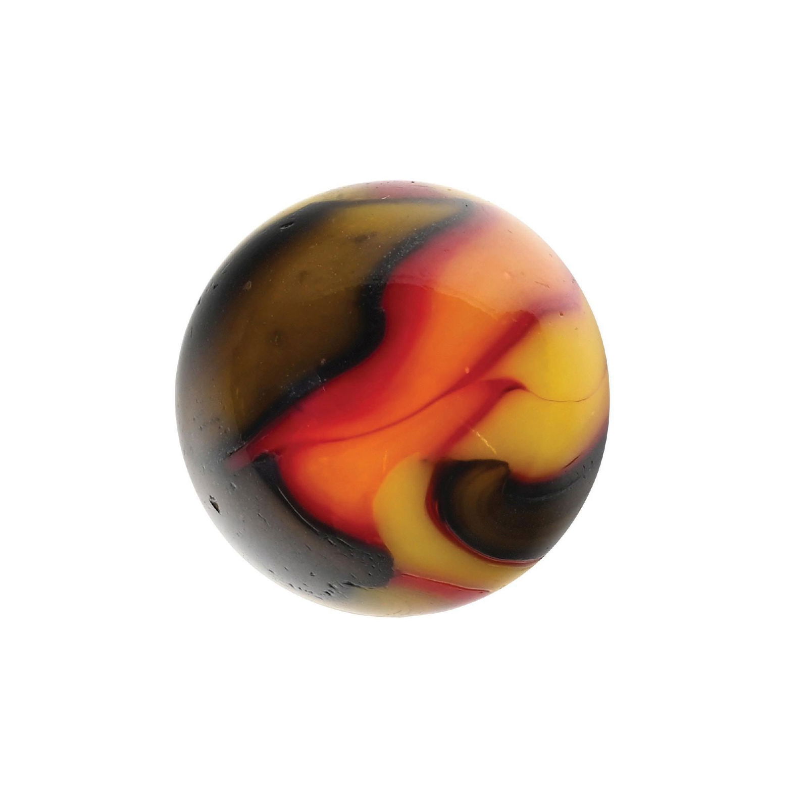 PELTIER GOLDEN REBEL MARBLE: 23/32" diam. Yellow base with red ribbons and black aventurine ribbons. Condition: (9.4). Dimensions: 3/4" Dia.