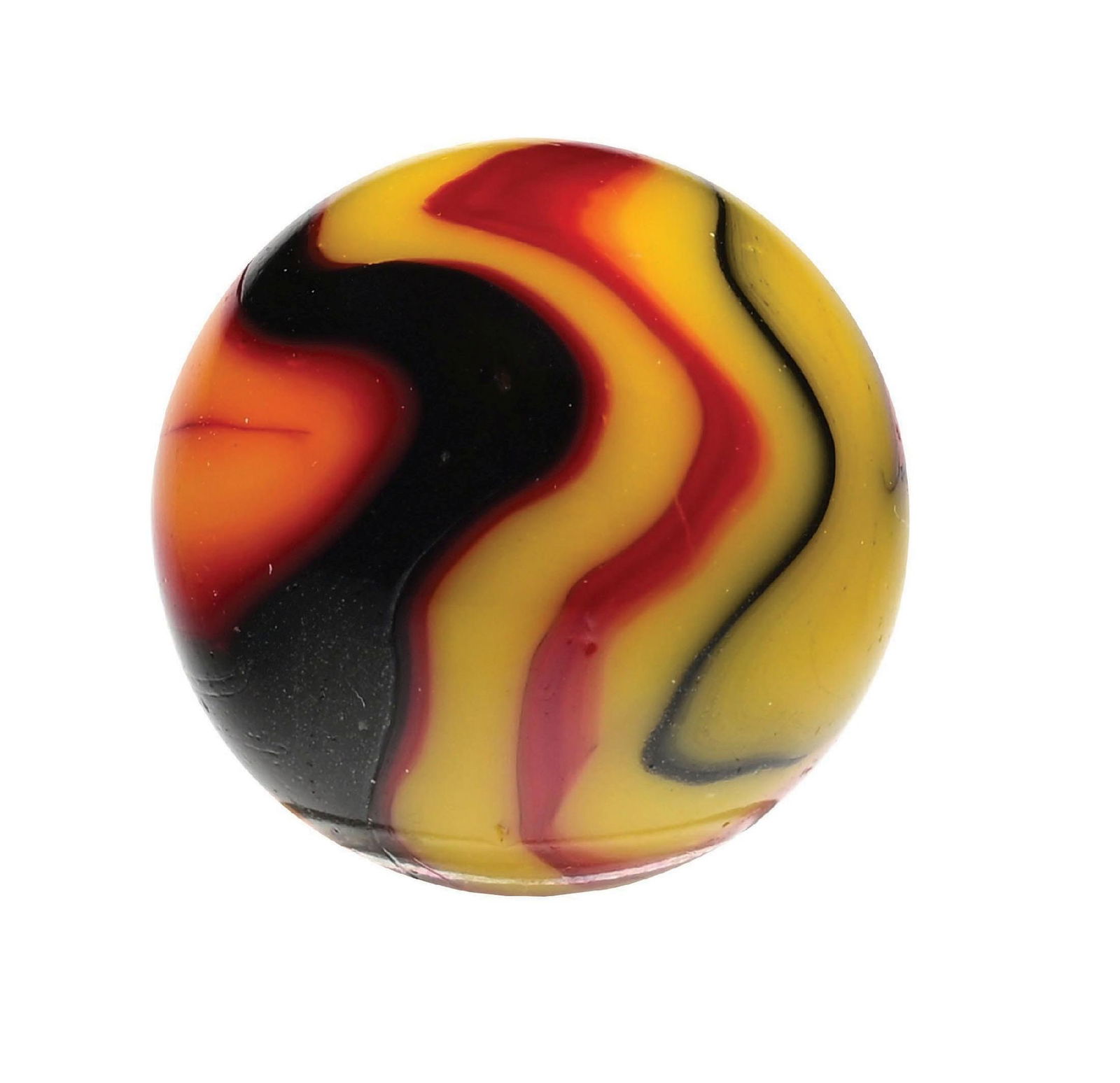 LARGE PELTIER GOLDEN REBEL MARBLE: 25/32" diam. Yellow base with black aventurine and red. Great swirl pattern. Surface shows micro as-made indentations. Condition: (9.6). Dimensions: 3/4" Dia.