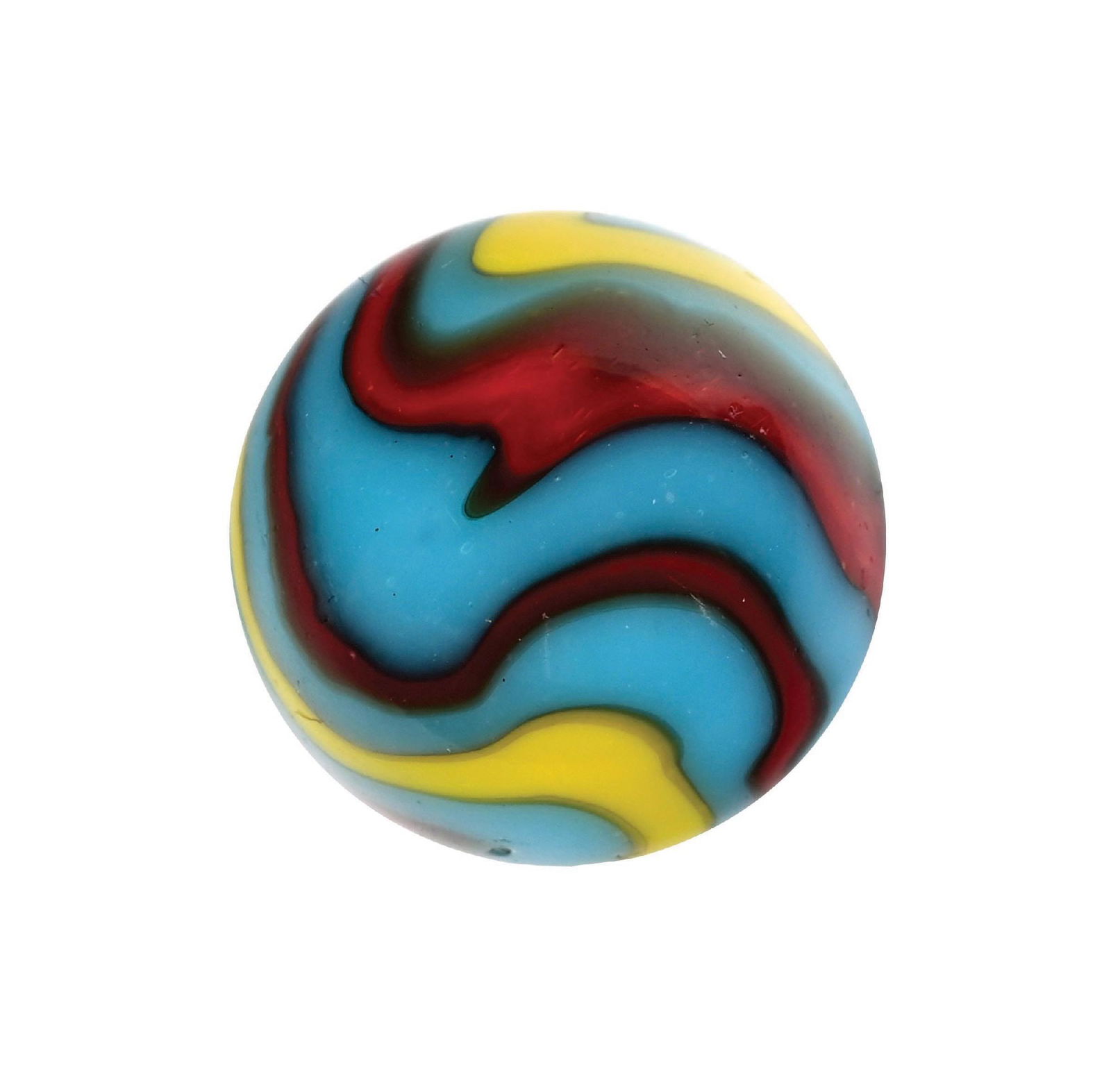 PELTIER SUPERMAN MARBLE: 51/64" diam. Blue base with nice, even coverage of red and yellow ribbons. Condition: (9.8). Dimensions: 3/4" Dia.