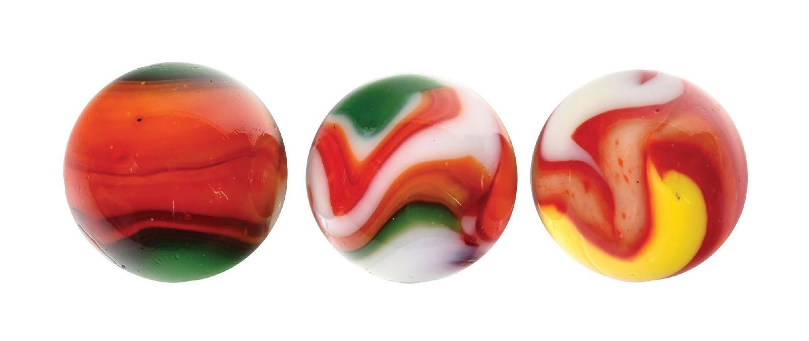 LOT OF 3: PELTIER MARBLES: 3/4" - 51/64" diam. Lot includes two Christmas Trees and one Ketchup and Mustard. Condition: (9.4). Dimensions: Each: 3/4" Dia.