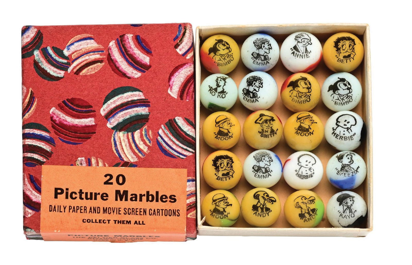20-COUNT COMIC PICTURE RED BOX MARBLES SET