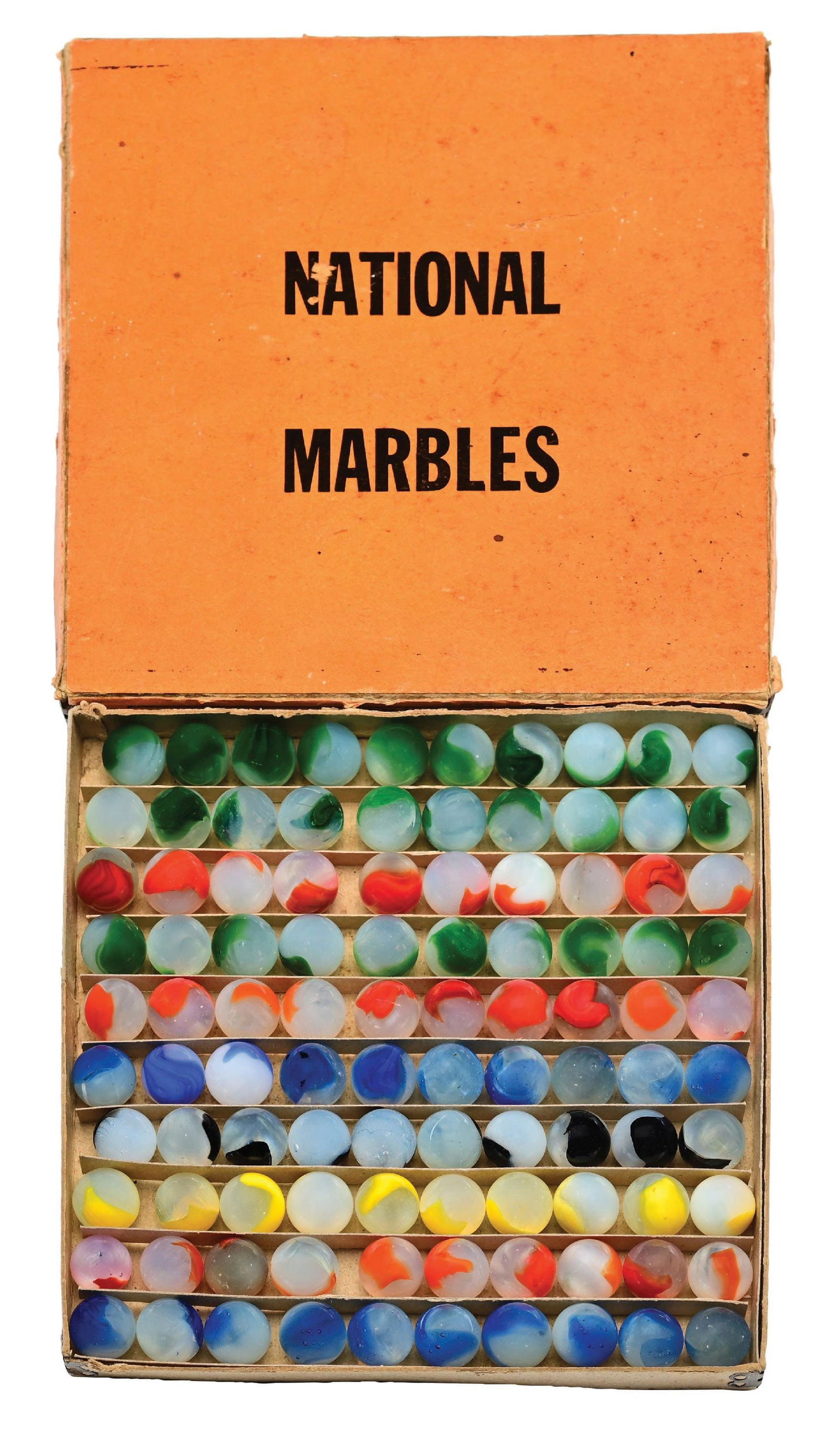 RARE PELTIER ACME REALERS NATIONAL MARBLES BOX SET NO. 0: Up to 5/8" diam. All marbles are Moss agate base with single-color ribbon. Marbles: (9.3 Average). Box: (Excellent). Condition: Dimensions: Box: 6 - 3/4" x 6 - 3/4" x 3/4".