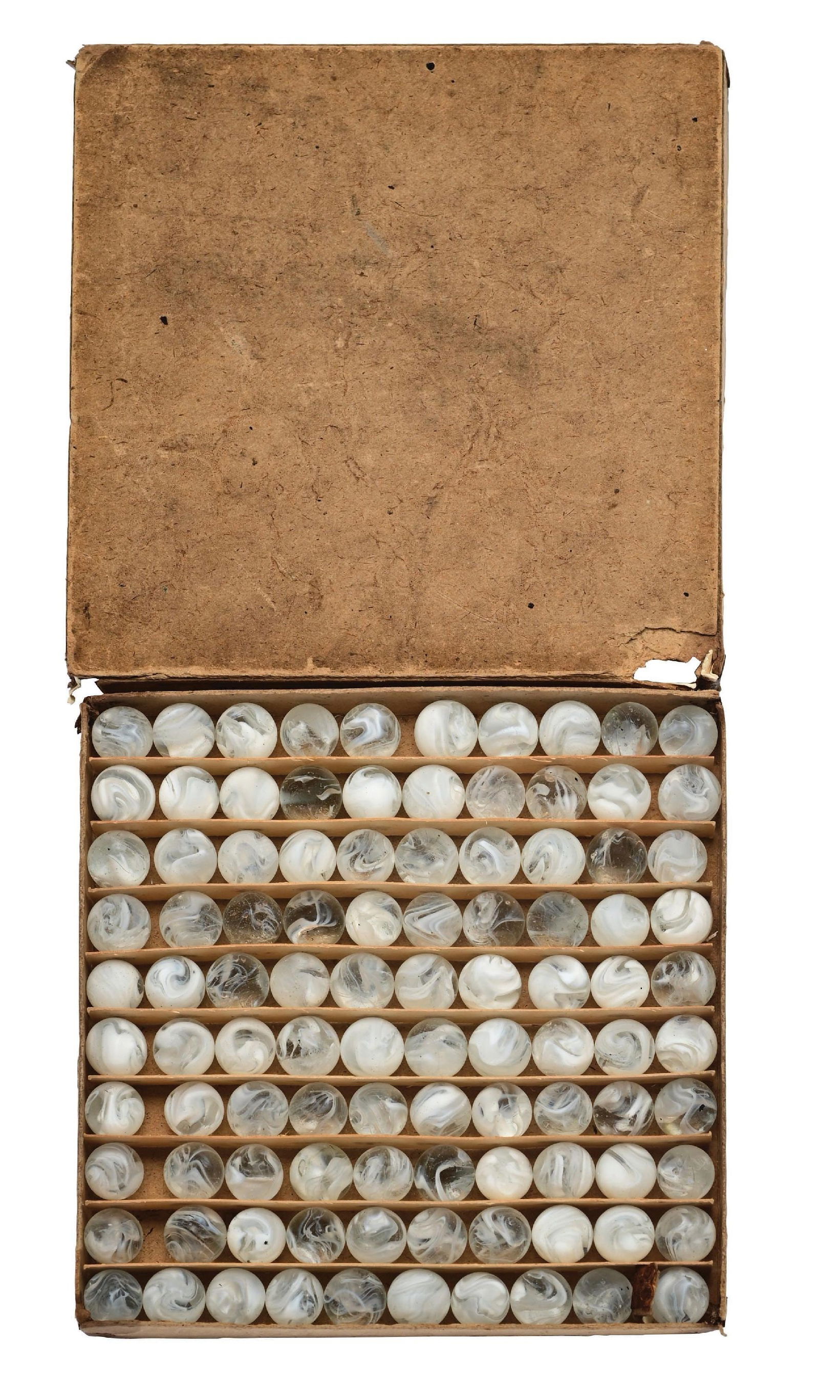 RARE PELTIER NO. 0 100-COUNT SUPERIOR WHITE SLAG BOX SET: 5/8" diam. Very rare box with 100 hard-to-find Peltier White Slags. Box top shows three corner tears. Marbles: (9.5 Average). Box: (Good). Condition: Dimensions: Box: 6 - 5/8" x 6 - 5/8" x 3/4".