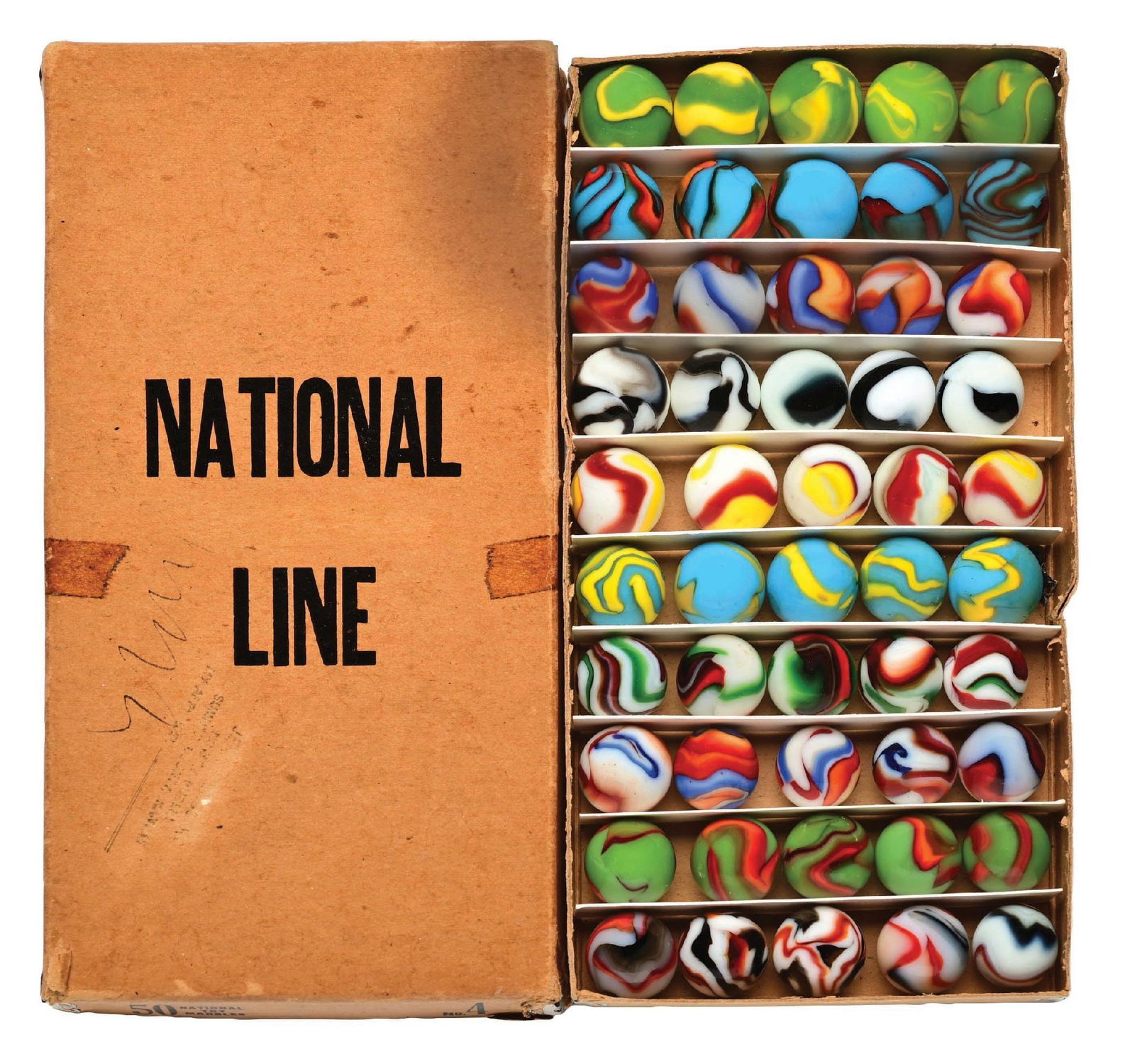 PELTIER NO. 4 NATIONAL LINE BOX SET: 3/4" - 7/8" diam. Great box with rows of five each: John Deere, Superboy, Liberty, Zebra (two of which are black and white Akro Corks), Ketchup and Mustards, Cub Scouts, Christmas Trees, and Dragons.
