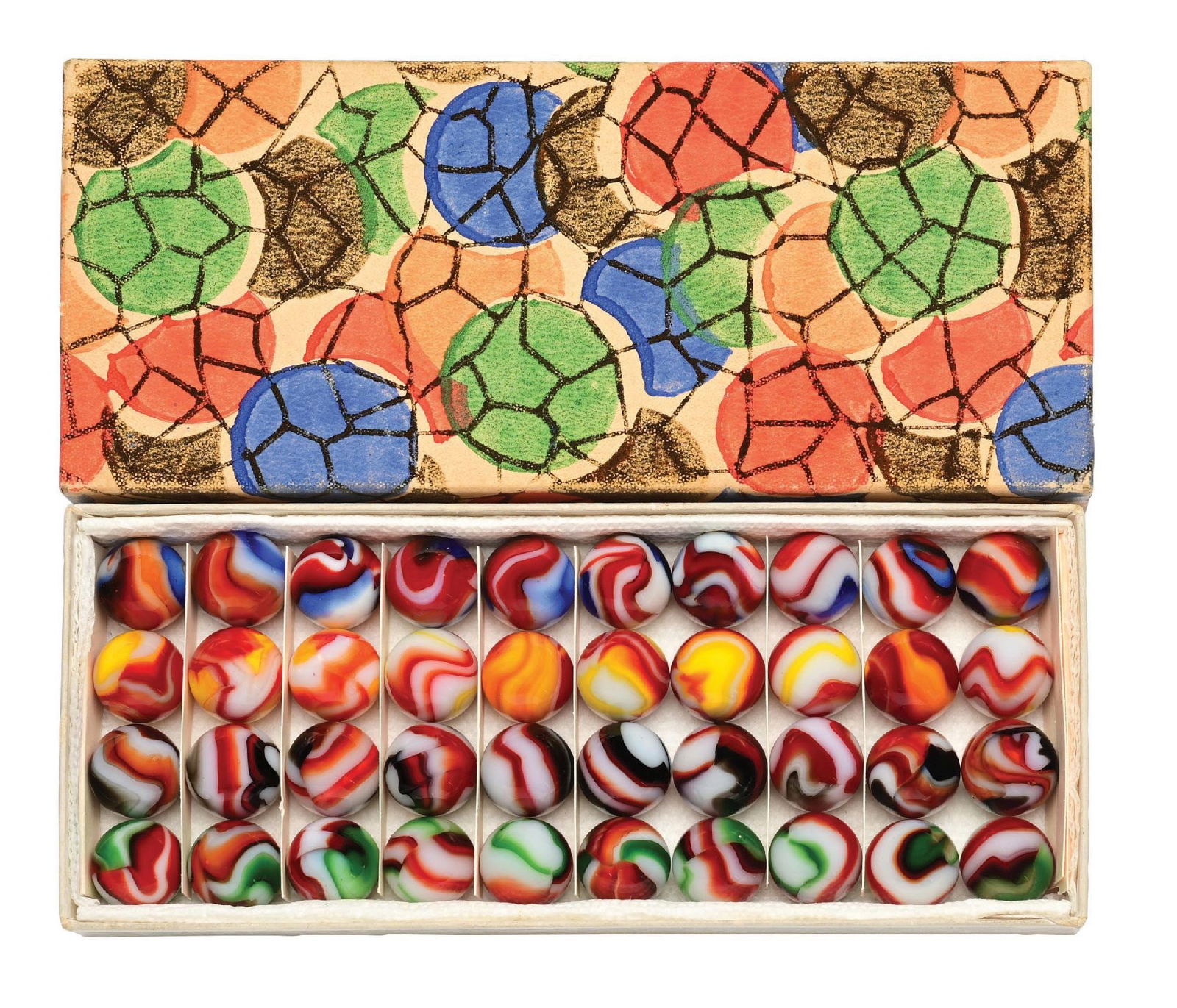 PELTIER 40-COUNT ART DECO BOX SET: 5/8" diam. C. 1930s. Great example of a colorful example of Peltier National Line Rainbo original box. 10 each in rows of Liberty, Ketchup and Mustard, Rebel, and Christmas Tree. Marbles: (9.5 Average