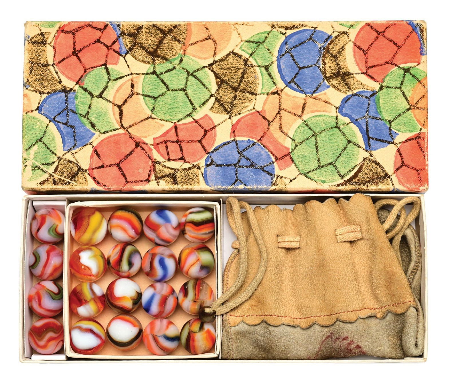 PELTIER 20-COUNT ART DECO BOX SET: 5/8" diam. Great Art Deco box with bag. Box contains very unusual and beautiful National Line Rainbos. They are the Citrus family of Liberty, Christmas Tree, and Ketchup and Mustard with Hybrid types.