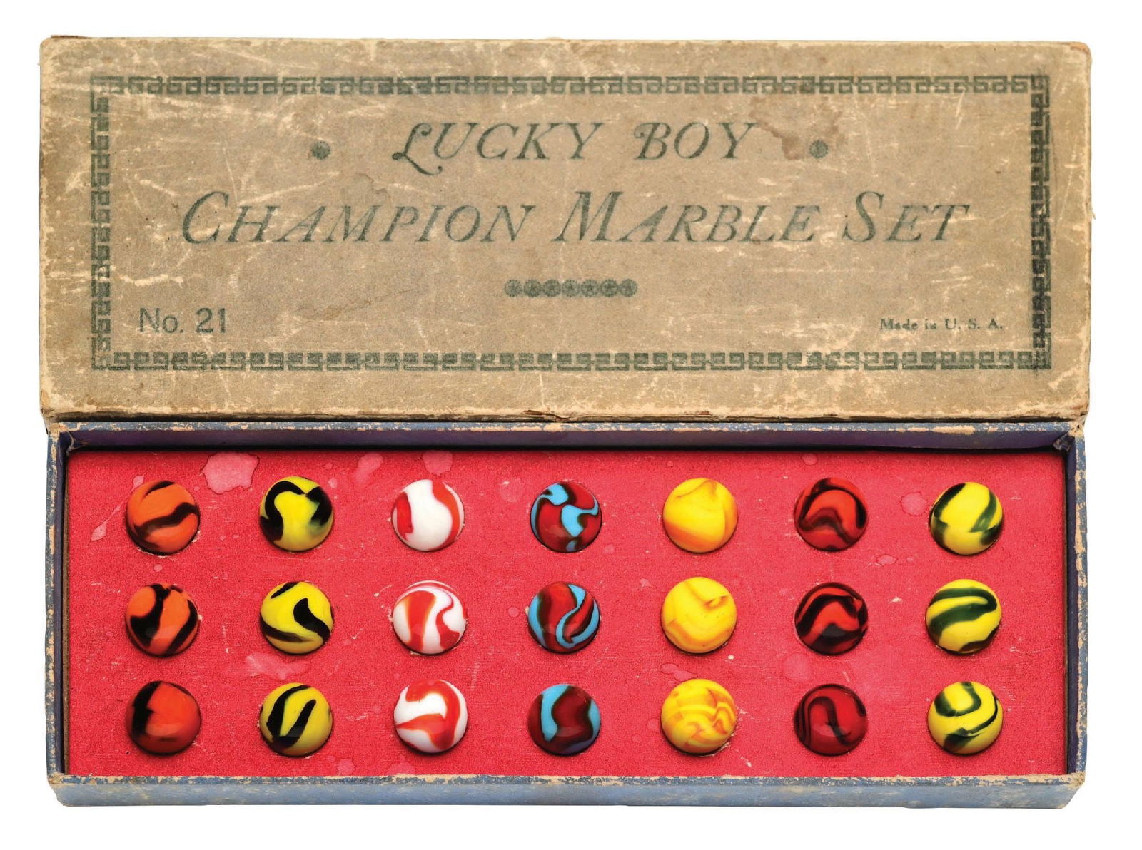 RARE CARDBOARD NO. 21 LUCKY BOY BOX SET: 5/8" diam. Marbles are two-color NRL, which include three each of Tigers, Bumblebees, Red Zebras, Spidermans, Red Bees, Wasp, and John Deere. Box shows wear. Marbles: (9.5 Average). Box: (Good).