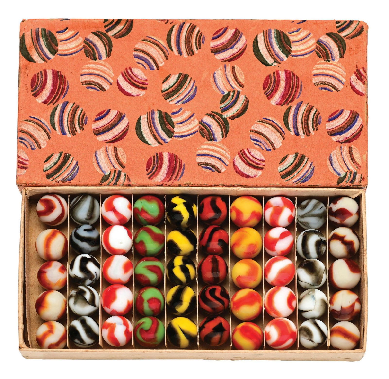 50-COUNT JOBBER BOX SET: 5/8" - 11/16" diam. Box contains two-color Peltier Rainbos. Nice group of marbles. Marbles: (9.6 Average). Box: (Excellent). Condition: Dimensions: Box: 7 - 1/2" x 3 - 3/4" x 7/8".