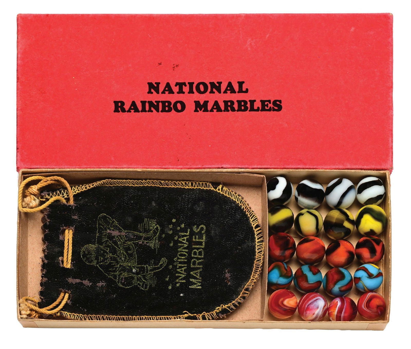 PELTIER NO. 220 NATIONAL RAINBO BOX SET: 5/8" diam. Box contains original bag with 20-count marbles: one row of Red Slags, one row of three Spiderman and one Superman, one row of Tigers, Bumblebees, and Zebras. Marbles: (9.4 Average). Box: (
