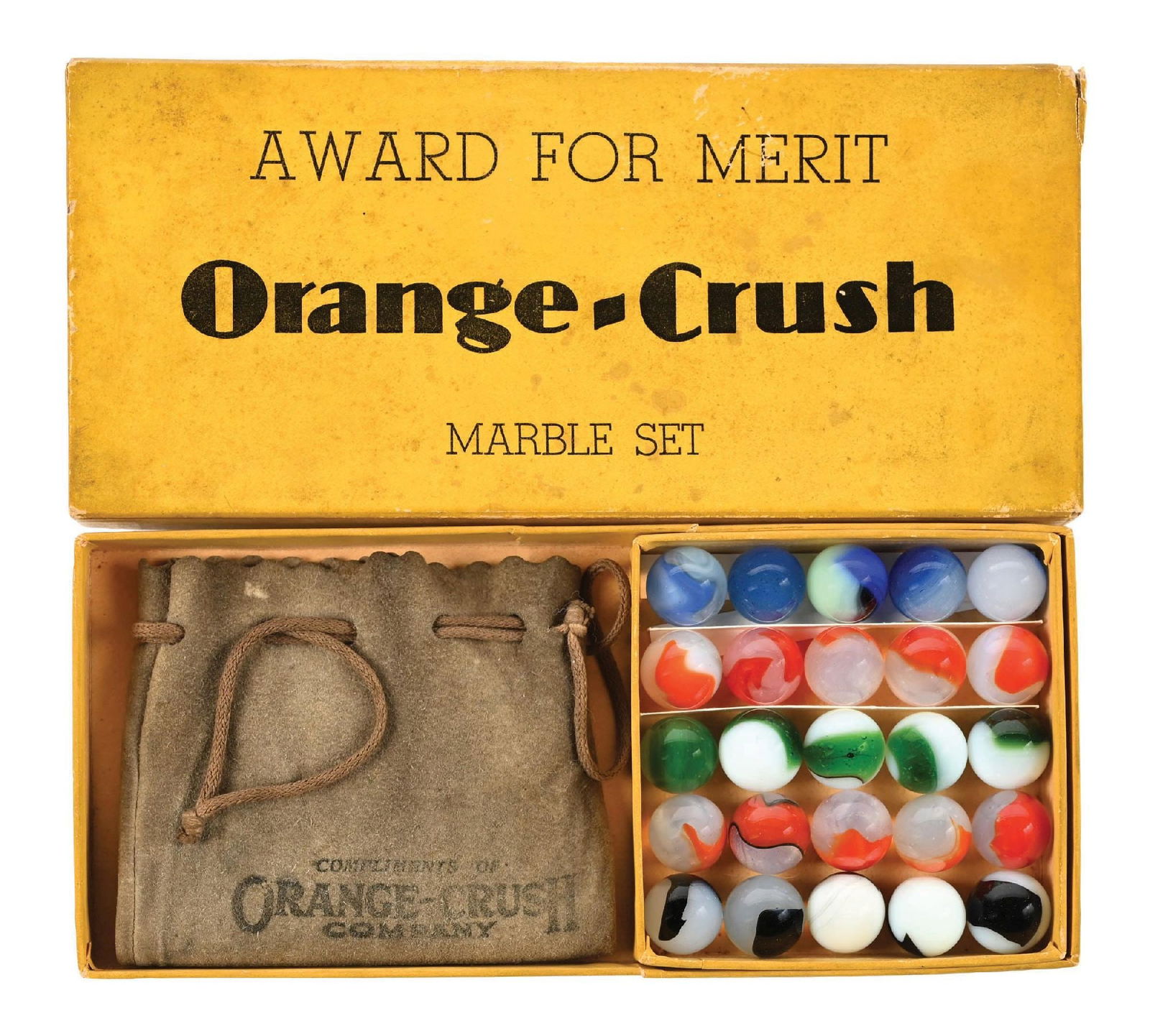 AWARD FOR MERIT ORANGE-CRUSH MARBLE SET CONTAINING 25 MARBLES, BOX & BAG (1 of 4)