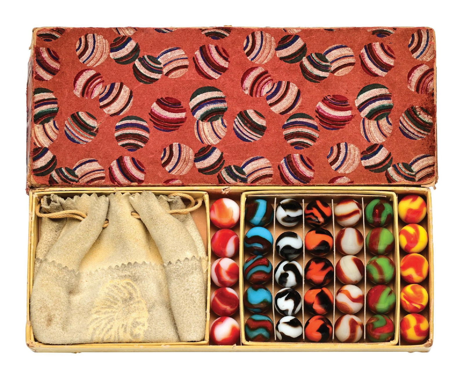 PELTIER 35-COUNT ART DECO BOX SET: 5/8" diam. Box has a row of Red Bees, Dragons, white base with brown ribbons, Tigers, Zebras, Spidermans, and Red Zebras. Original Peltier bag. Marbles: (9.5 Average). Box: (Excellent). Condition: Dim