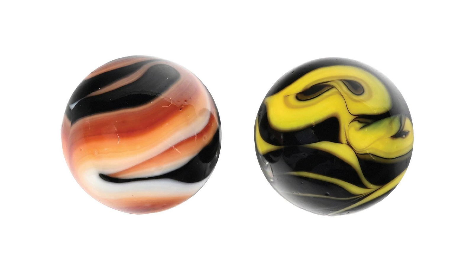 LOT OF 2: CHRISTENSEN AGATE FLAME/SWIRL MARBLES: Both 5/8" diam. (A) White base with salmon and black swirl pattern. (B) Black base with yellow flame/swirl pattern. Condition: (9.5). Dimensions: Each: 5/8" Dia.