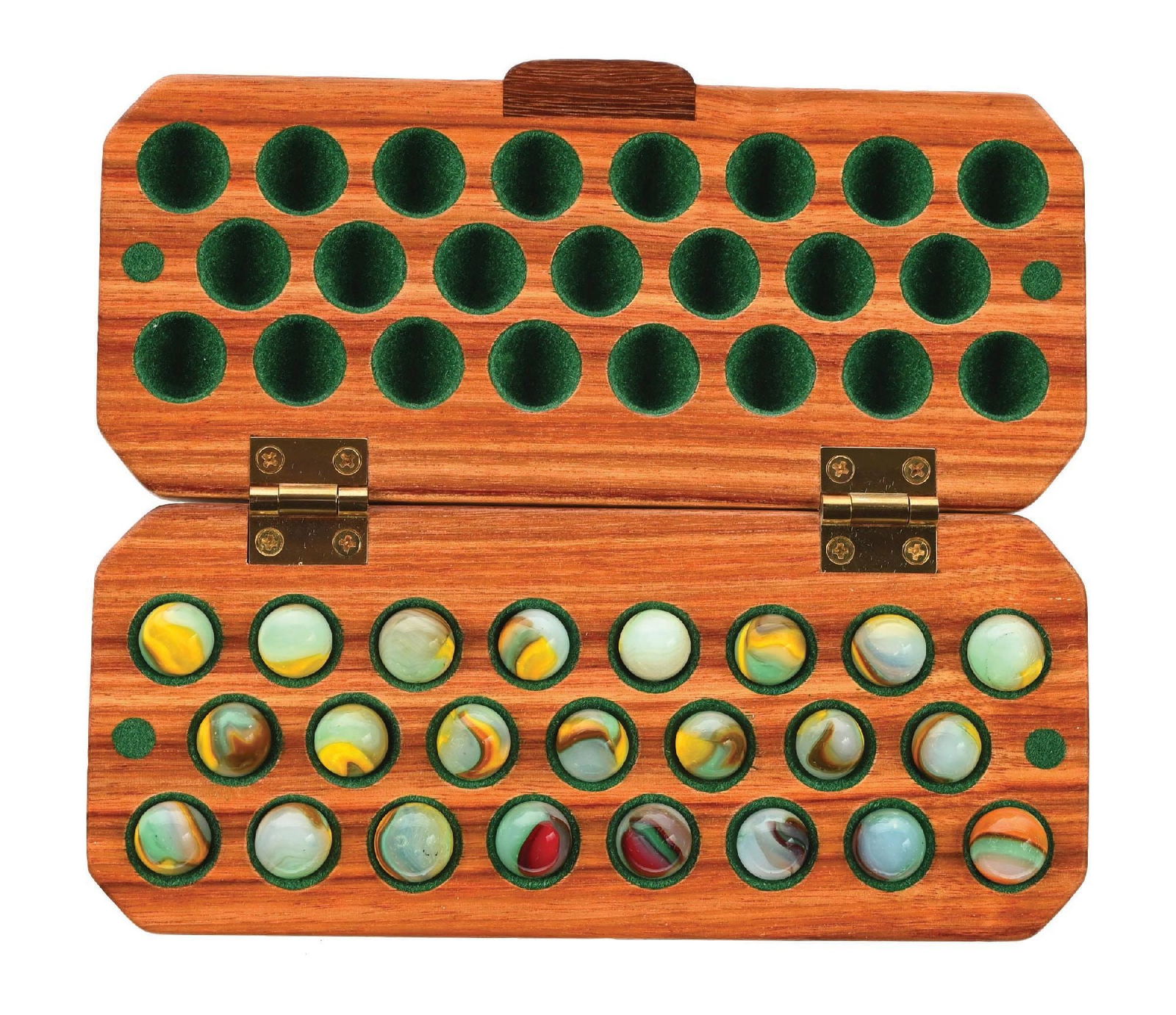 WOOD BOX WITH 23 PELTIER PEEWEE MARBLES: Peltier Peewee marbles are have a mossy agate base. Collection includes 18 lemon-lime, 4 Christmas tree, and one possible copperhead. Condition: Dimensions: BOX: 6-1/2" x 2-3/4" x 1". MARBLES: 1/2"D.