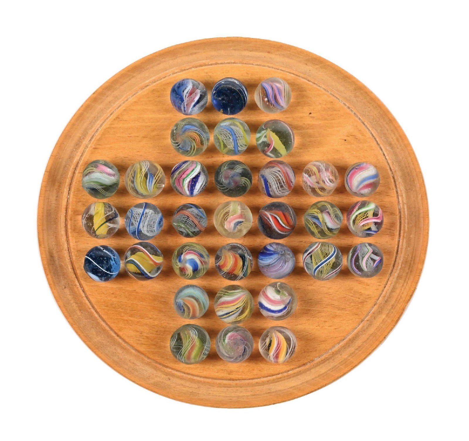 LOT OF 33: PEEWEE SWIRLS W/ SOLITARE BOARD: Approximately 1/2". Lot includes 32 multicolor swirls and 1 onionskin with board. Condition: (9.0). Dimensions: