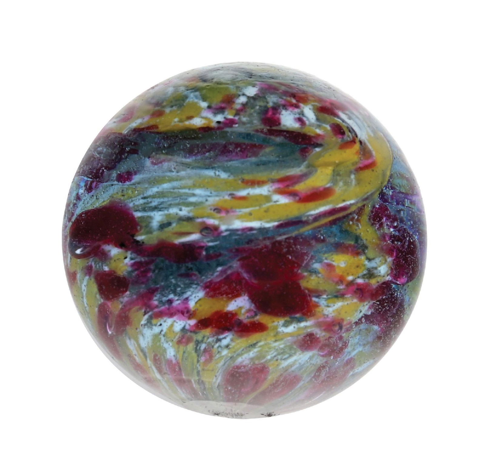SINGLE-PONTIL CLOWN-STYLE END OF DAY MARBLE: 1-49/64" diam. Single-faceted pontil with white and yellow swirling around marble, with big splotches of red and some red on the surface. Great condition for this marble. Condition: (9.8). Dimensions: