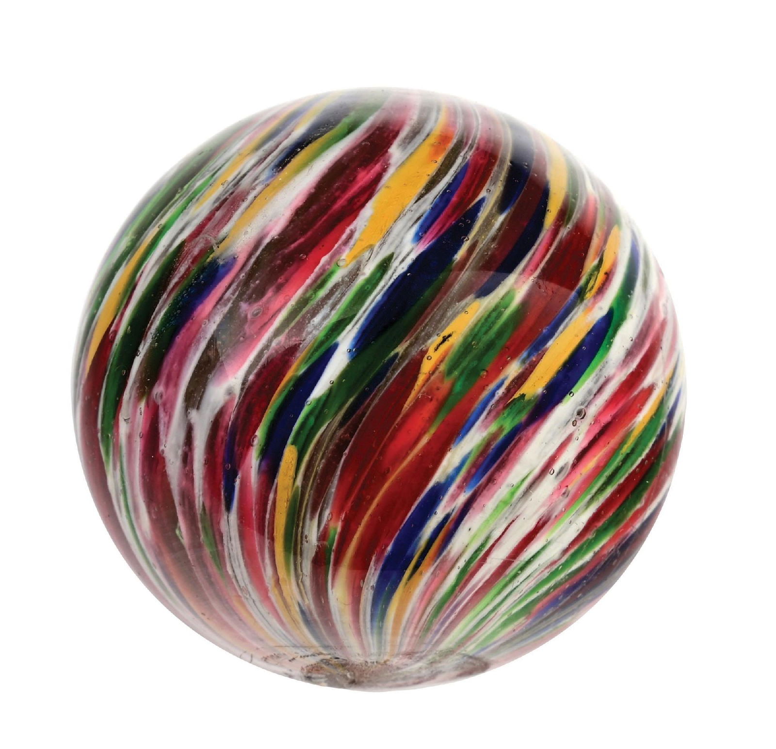 LARGE COLORFUL ONIONSKIN MARBLE: 2-3/32" diam. Fantastic onionskin with lots of colors, which include red, green, blue, yellow, and white. Fantastic condition, very well made, with a core of colors inside marble. Condition: (9.8). Di