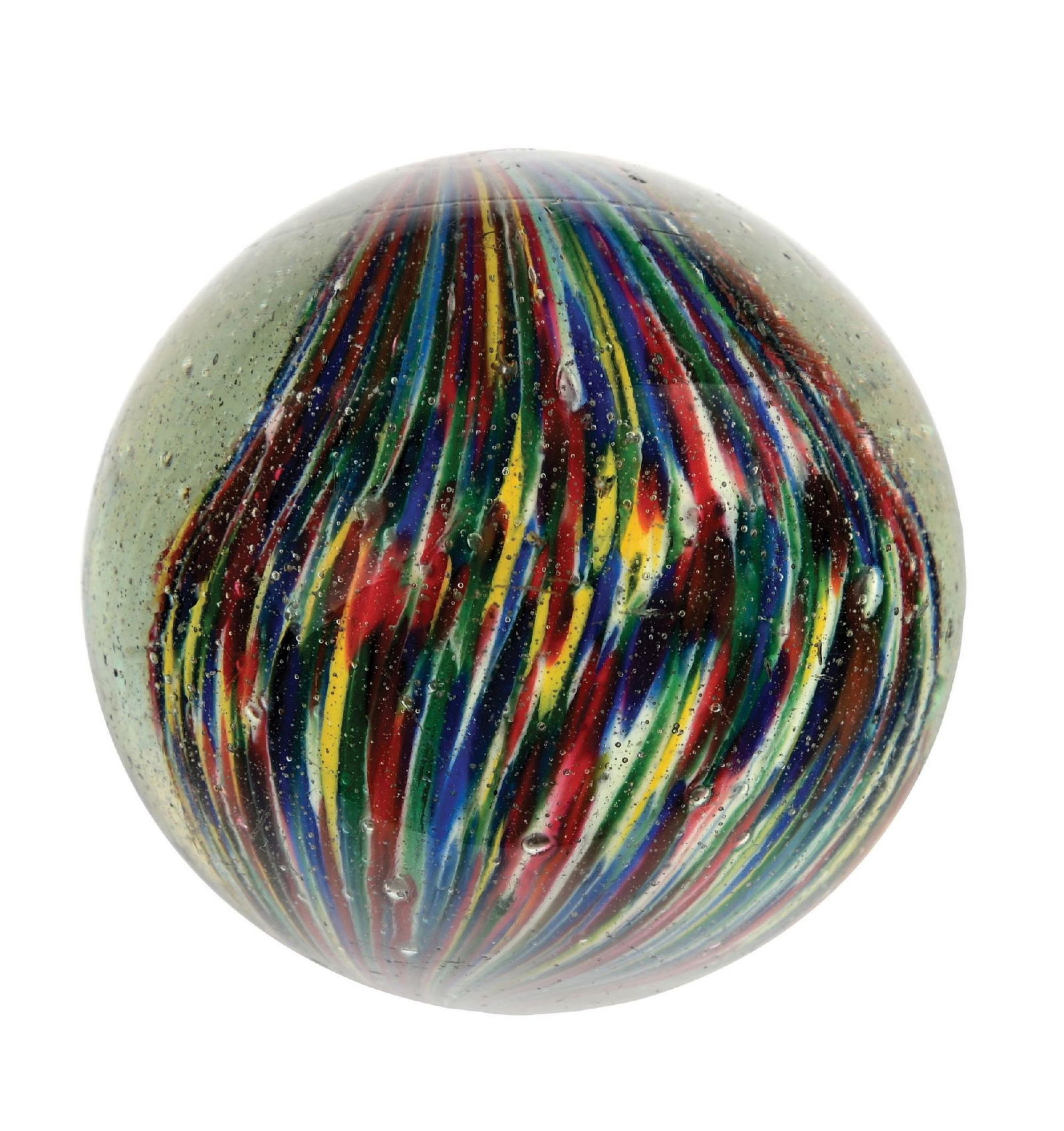RARE SHRUNKEN CORE ONIONSKIN WITH RAINBOW COLORS: 2-11/32" diam. Outstanding multi-color shrunken core onionskin with colors of white, red, blue, green, yellow, and blue. Well-faceted pontil. Very hard marble to find in this size and condition. Condi