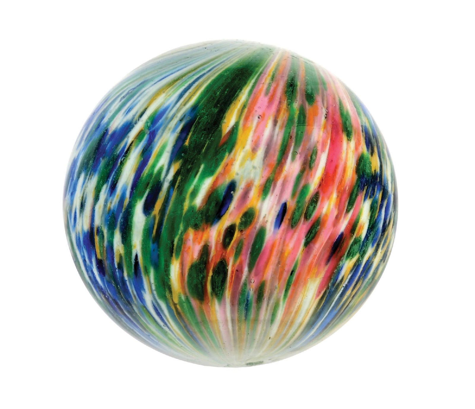 OUTSTANDING SPOTTY CLOWN-STYLE ONIONSKIN MARBLE: 1-5/8" diam. Nice, early faceted pontil four-panel onionskin with great spottings of colors. Two opposing panels of white, pink, yellow, and green, and two opposing panels of white, green, red, and ye