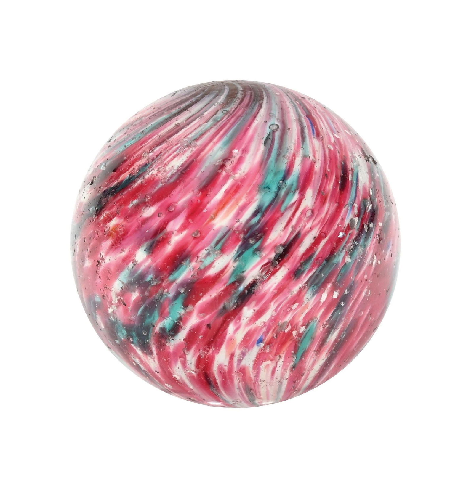 LARGE ONIONSKIN W/ MICA MARBLE: 1-21/32" diam. White base onionskin with spotting colors of pink and turquoise with mica throughout. Early faceted pontil. Surface shows one tiny fleabite. Condition: (8.9). Dimensions: 1 - 3/4" Dia.